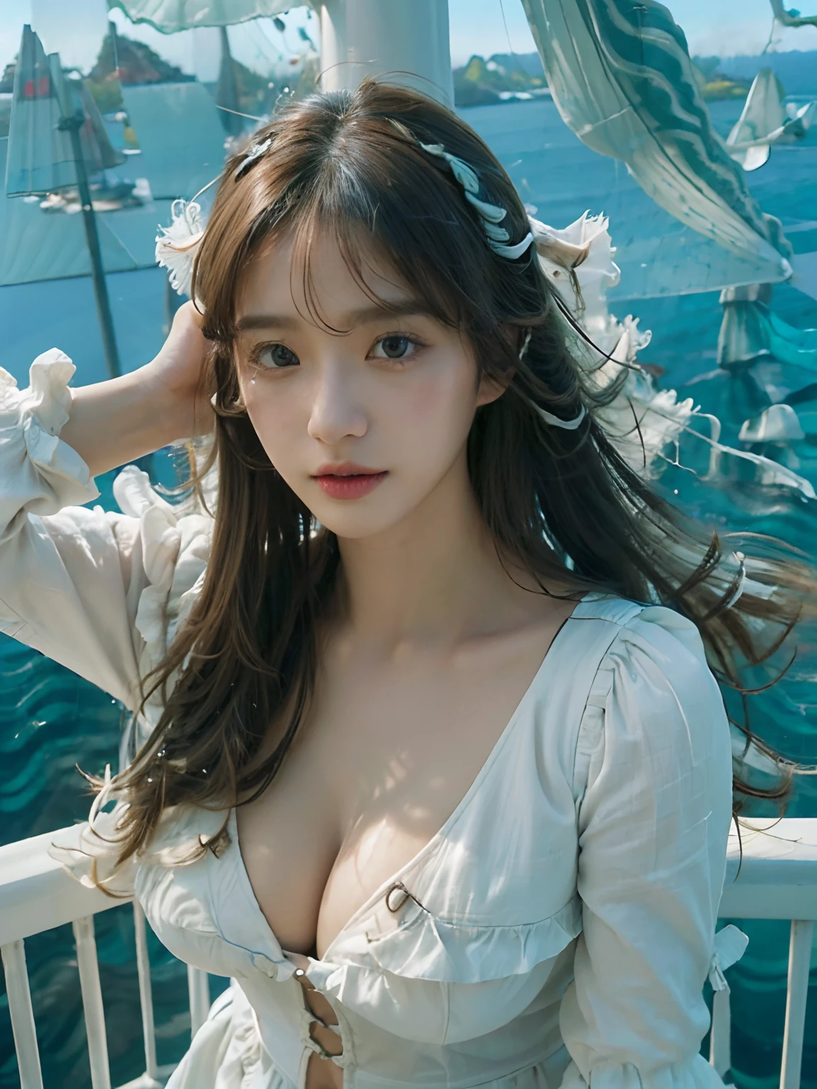 (From the top:2.0),1girl in,(Leaning forward:1.3),Light Brown Fringe Longhair、Braided hair、disheveled hair、Light brown eyes、(dignified expression)、(Extraordinary beauty)、white  shirt、(cleavage cutout),(Open Shirt),(爆乳:1.5)、(voluminous udder:1.5)、Emphasize the valley、the beach、Palm trees、blue-sky、(Photorealsitic)、(intricate detailes:1.2)、(​masterpiece、:1.3)、(top-quality:1.4)、(超A high resolution:1.2)、超A high resolution、(A detailed eye)、(detailed facial features)、(sea breeze:2.0)、Fashion Model Pose