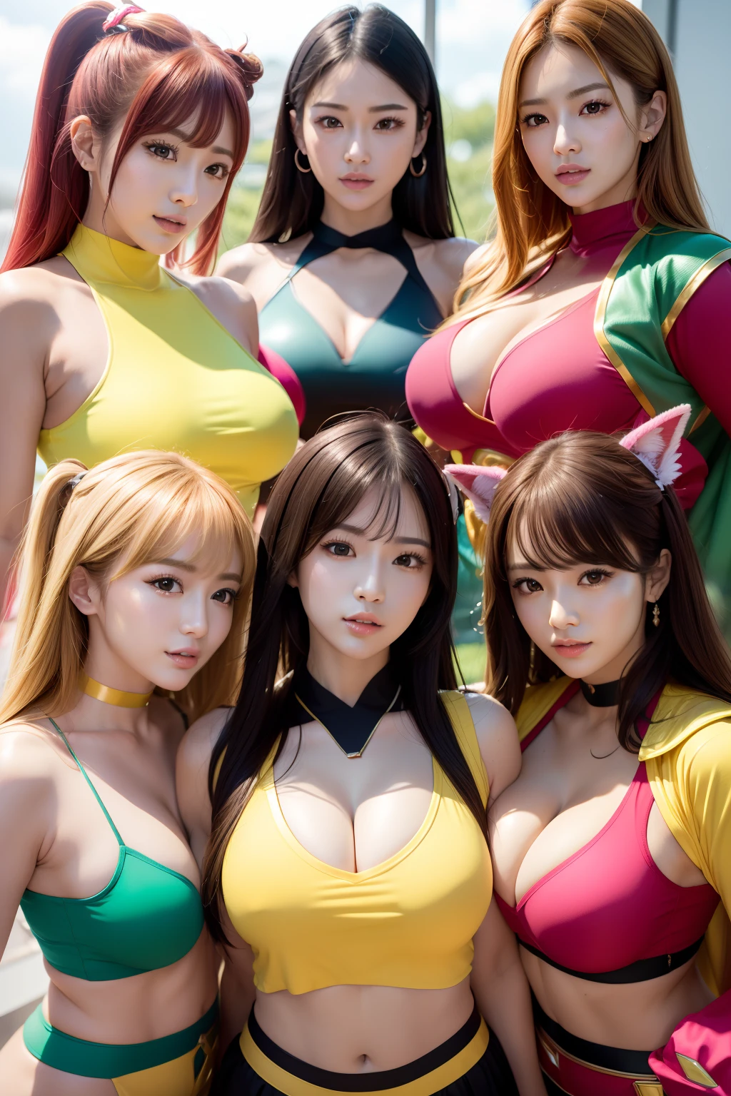 Outrageous resolution、hight resolution、(masterpiece:1.4)、ultra-detailliert、Crisp details、Dramatic and photorealistic pictorial art、Super Sentai Series、Megaranger、Hero Mask、(reddish、verdant、A black、amarelo、pink there、Fivesome)Righteous heroes、Decide on a transformation pose、