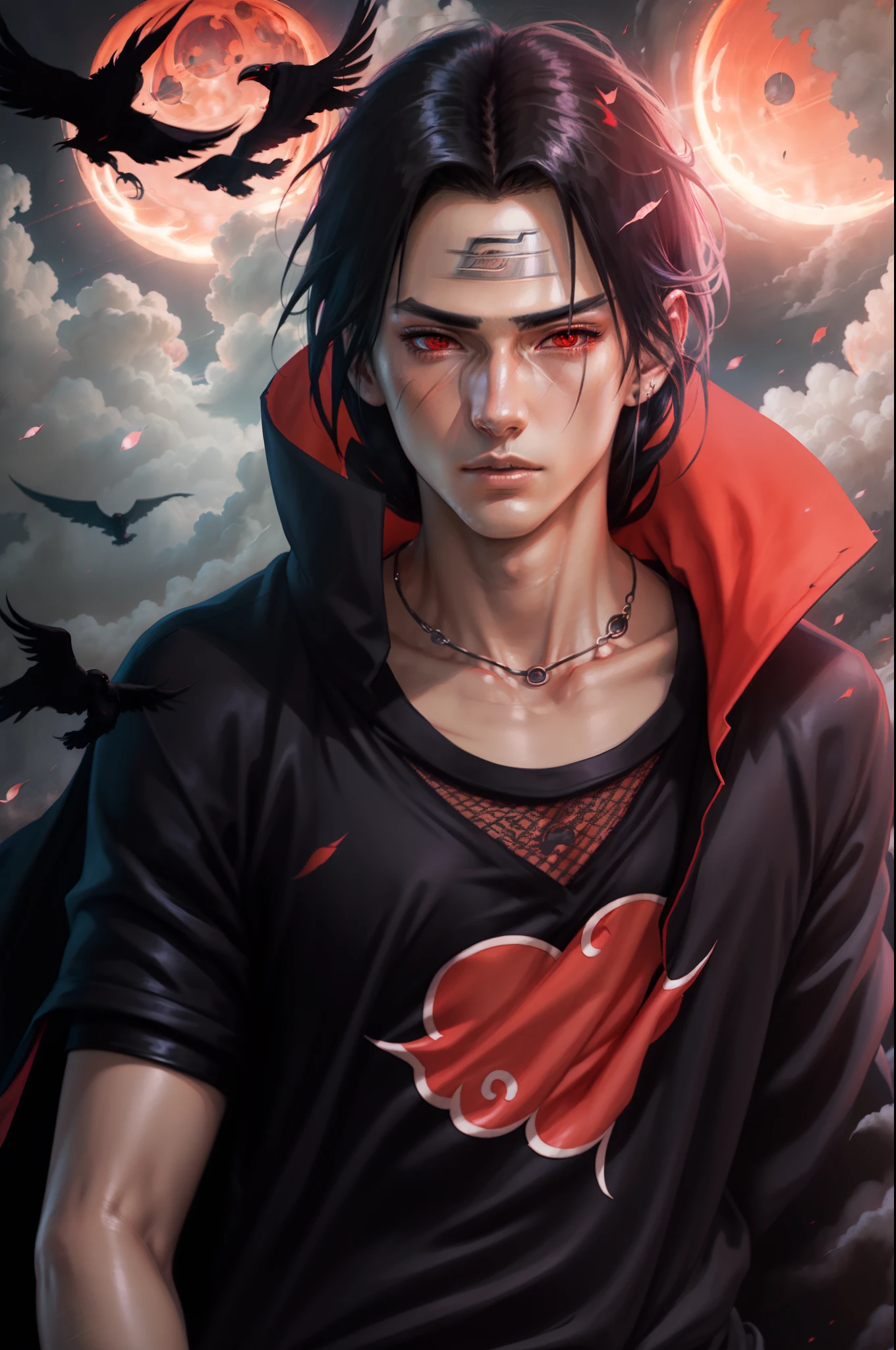 a young man covered in black cape with akatsuki cloud, itachi uchiha, itachi, akatsuki akira, itatchi uchiha from naruto, epic digital art illustration, shinobi, naruto artstyle, red moon in the background, red theme, long hair, crows surrounding him