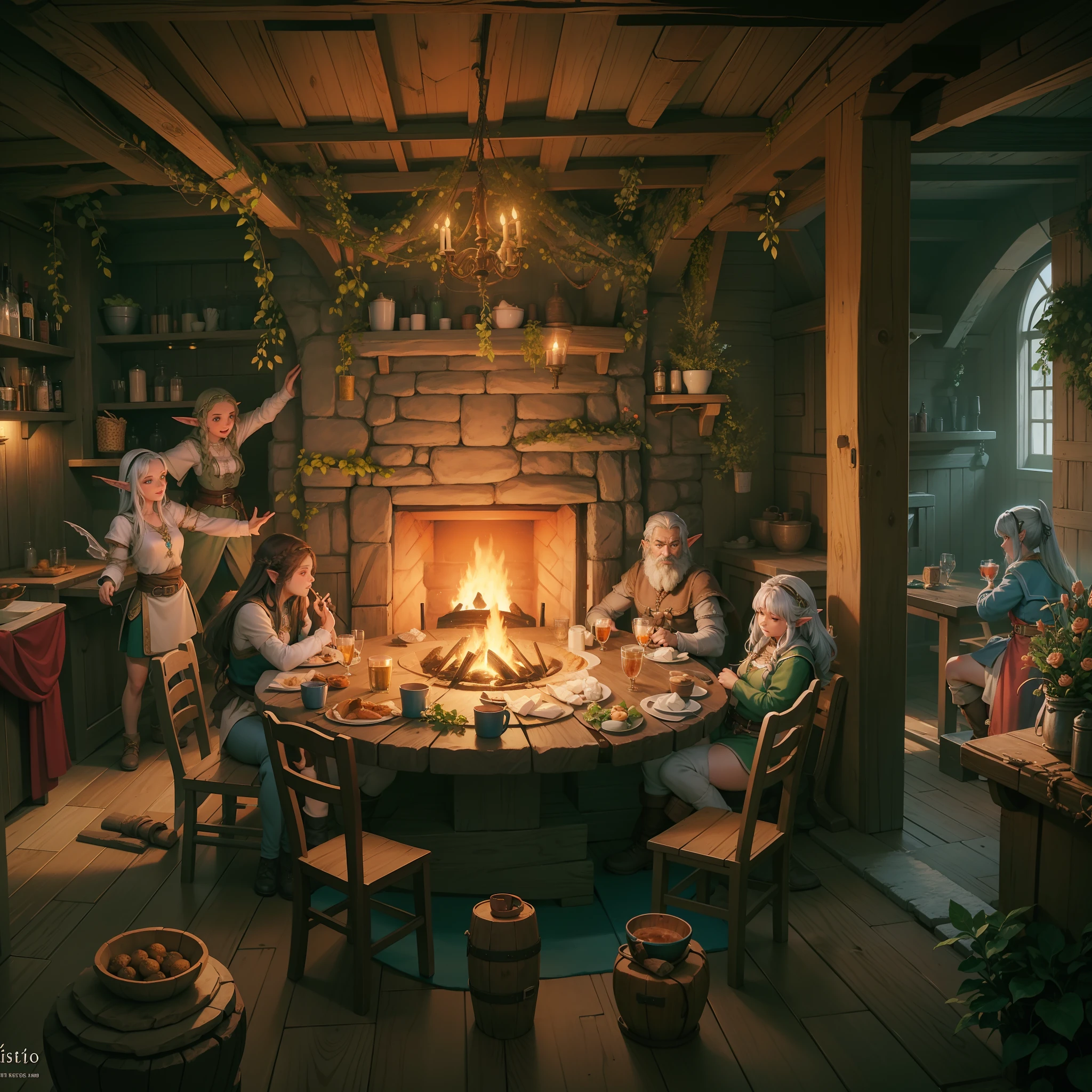 Setting of a tavern with elves, Dwarves and fairies. estilo ART digital