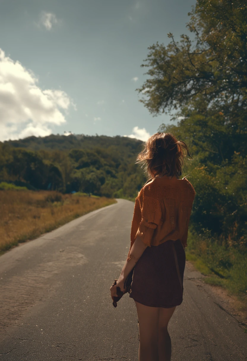 bit girl,messed up hair。having fun,country road