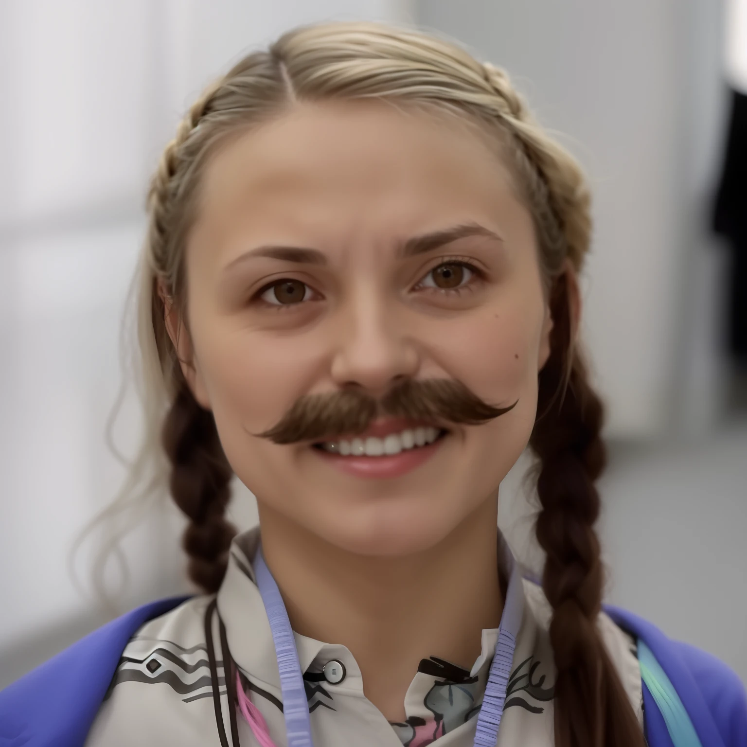 Mujer sonriente con trenzas y bigote en una chaqueta azul, con bigote, Olya Bossak, Bigote grueso, Enorme bigote rubio, Se parece a Britney Spears, Bigote enorme, Anna Nikolanova aka Newmilky, Andrea Savchenko, Bigote grande, Bigote largo y giratorio, angelina stroganova, Greta Thunberg sonriendo, Bigote grande, Yelena Belova