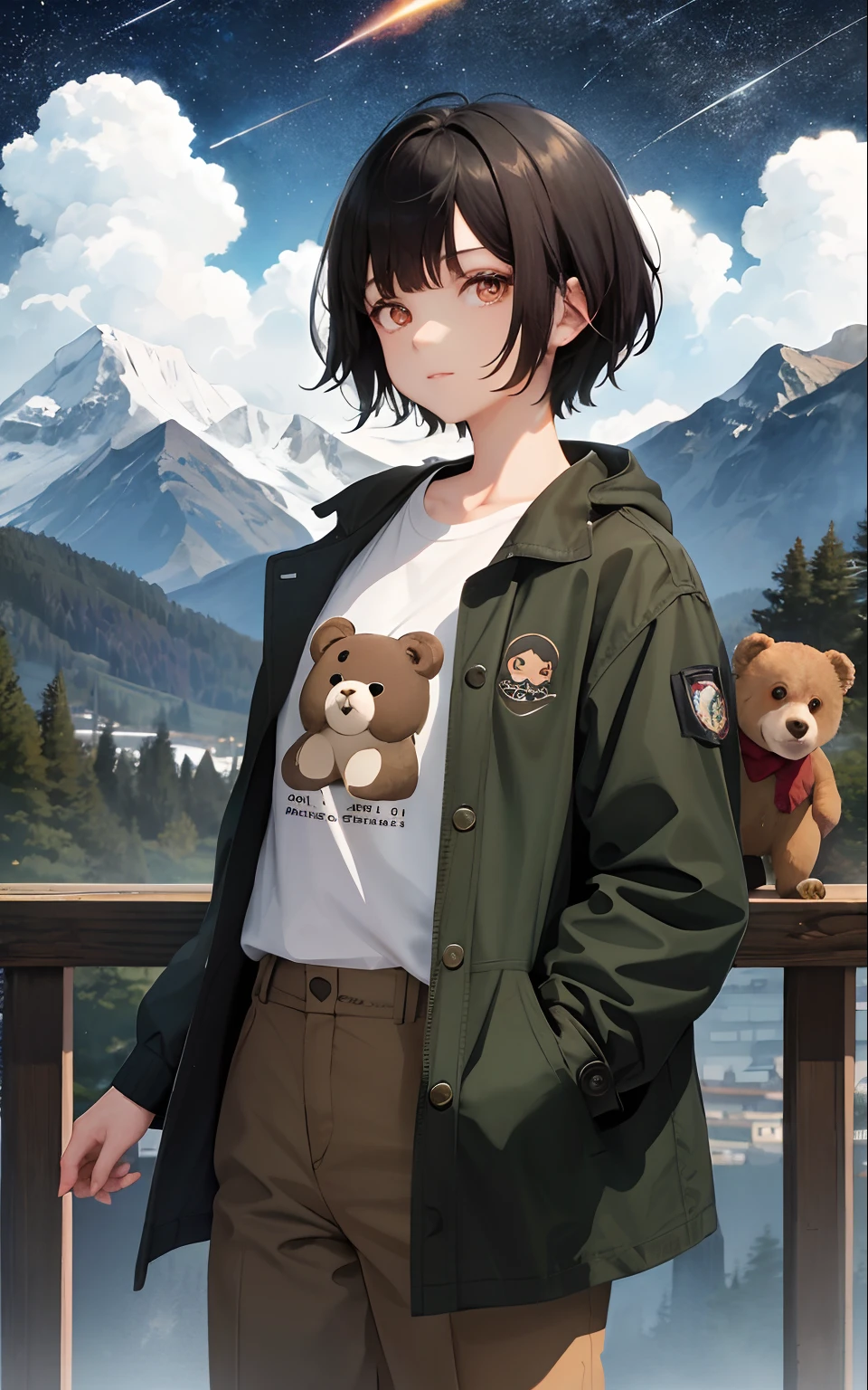Girl with short black hair, short hair, flying air bangs
Wearing black underwear,T-shirt with bear cartoon pattern,Red trench coat,Matcha trousers
She faces the audience cutely
Brown pupils
The mountains behind her undulated,There are shooting stars across the sky,sunset
Stand with your hands on your back,Standing quietly in watercolor style