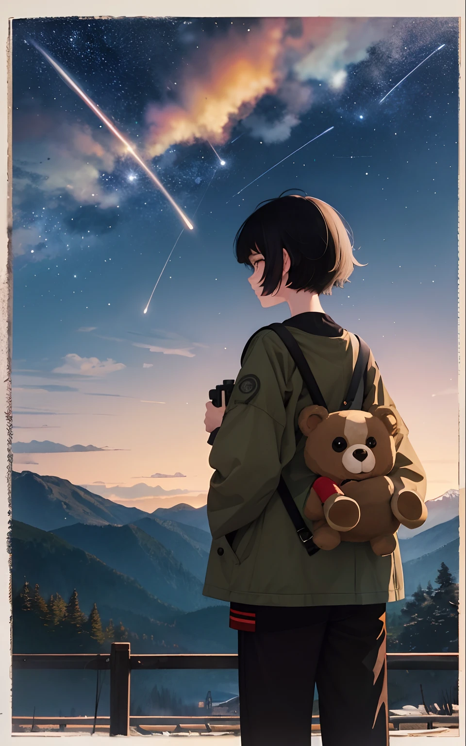 Girl with short black hair, short hair, flying air bangs
Wearing black underwear,T-shirt with bear cartoon pattern,Red trench coat,Matcha trousers
She faces the audience cutely
Brown pupils
The mountains behind her undulated,There are shooting stars across the sky,sunset
Stand with your hands on your back,Standing quietly in watercolor style