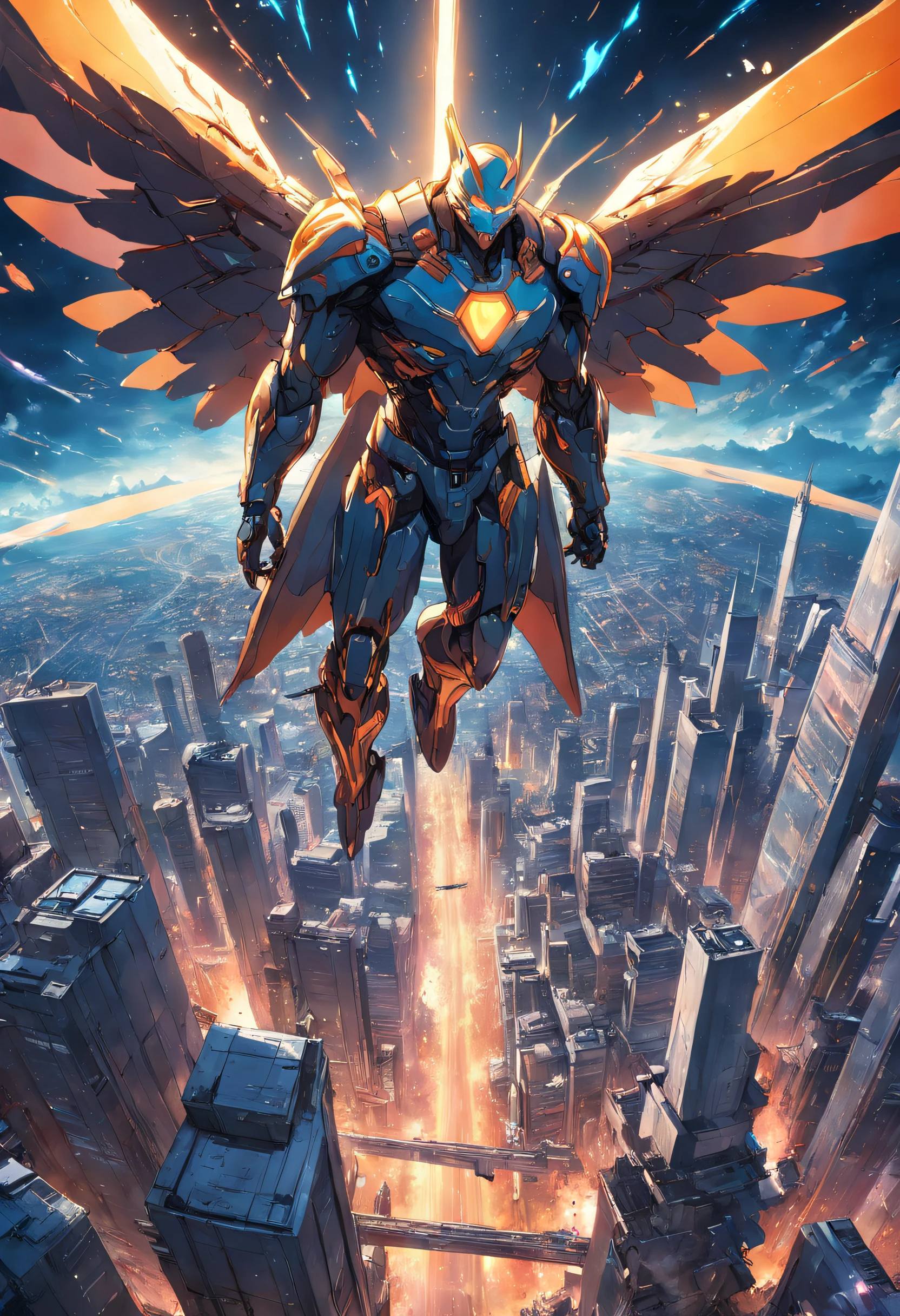 {Best quality}, {{Masterpiece}}, {A high resolution}, Original, Extremely detailed 8k wallpaper,A man rides on a giant missile,tiny wings, Fly in the sky, mystical, science fiction writer style, adventure, mega city, future Lex luthor city, beams, grasping power