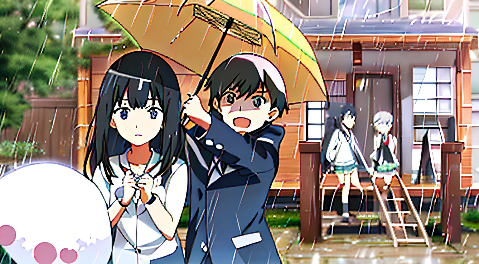 Anime characters standing in front of the house with umbrellas, slice of life anime, after rain and no girls, Guweiz e Makoto Shinkai, rained!, nagatoro, screenshot from the anime film, Weathering With You, still from tv anime, sankakucomplex anime image, rained!!, animated still, anime film still