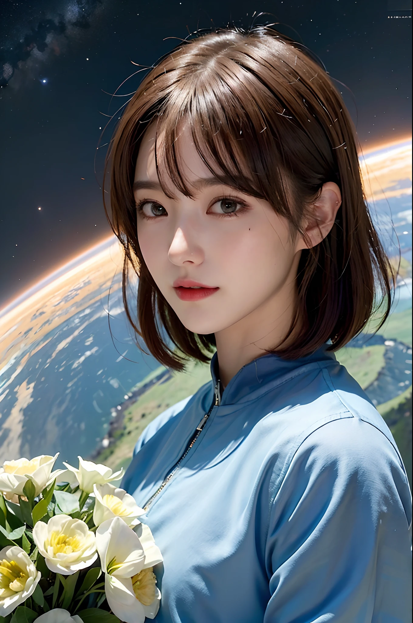 top-quality、masterpiece、超A high resolution、(realisitic:1.4)、1femele、Beautiful detail eyes and skin、ssmile、Light brown short-cut hair、Petite bust、The perfect spacesuit、spaceships、Desolate planets、cosmic space、
