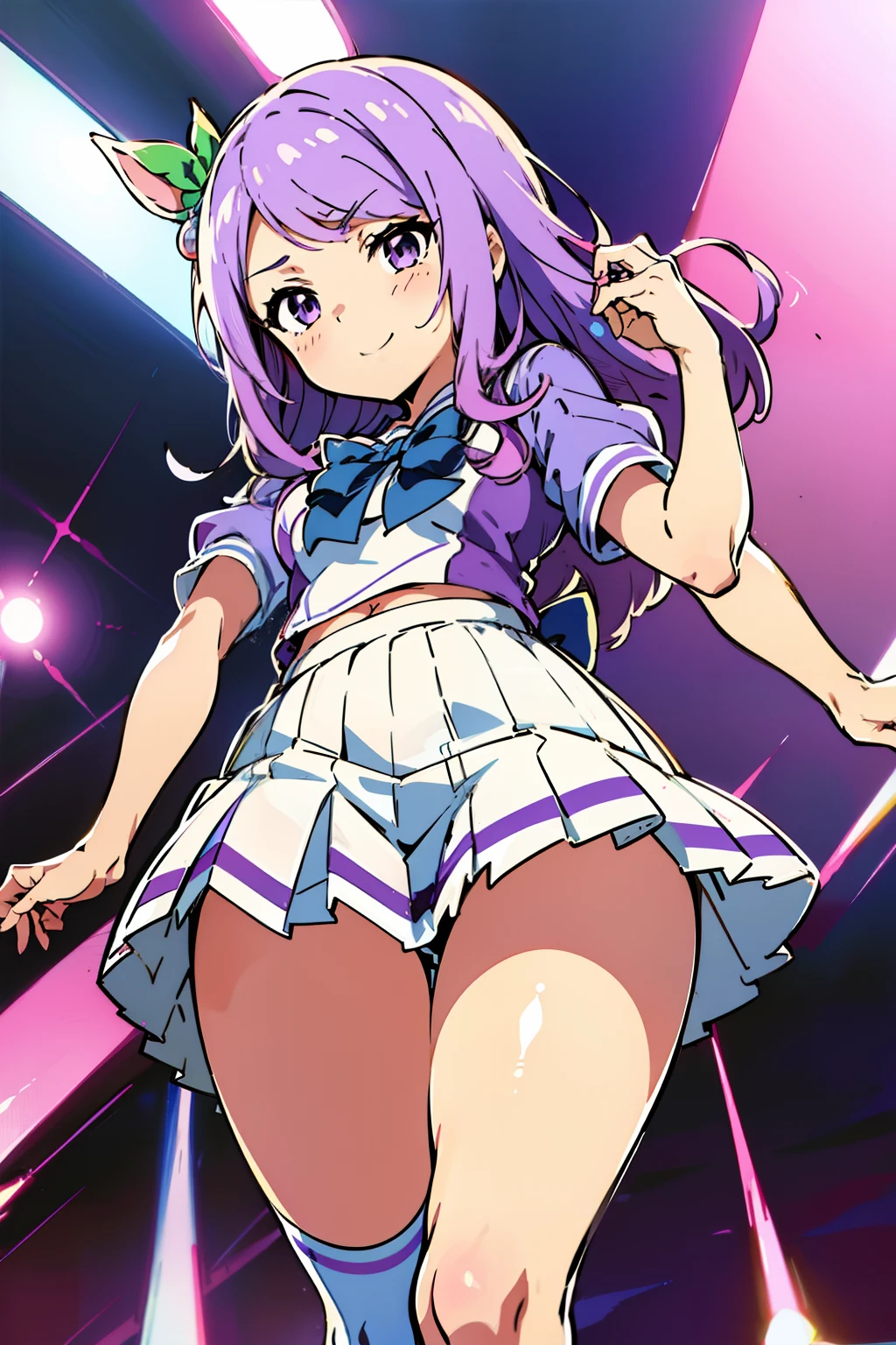 Mejiro McQueen,(Chibi,sketch,anime colours,From below,Front view,close-up:1.2),tracen school uniform, Summer uniform, serafuku, Puffy Short Sleeves, purple bowtie, Horseshoe ornament, Sailor collar, sailor shirt, Purple shirt, White skirt, Pleated skirt, frilld, Miniskirt, zettai ryouiki, white thigh-highs, Brown Footwear, lowfers,A smile,thighs thighs thighs thighs.