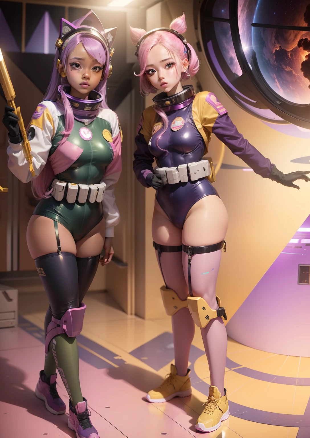 Cute space girls in multi-colors, skin flesh pink, hair violet-pink, uniforms navy blue and white, background yellows, dark purple and army green 24k resolution hyperdetailed.