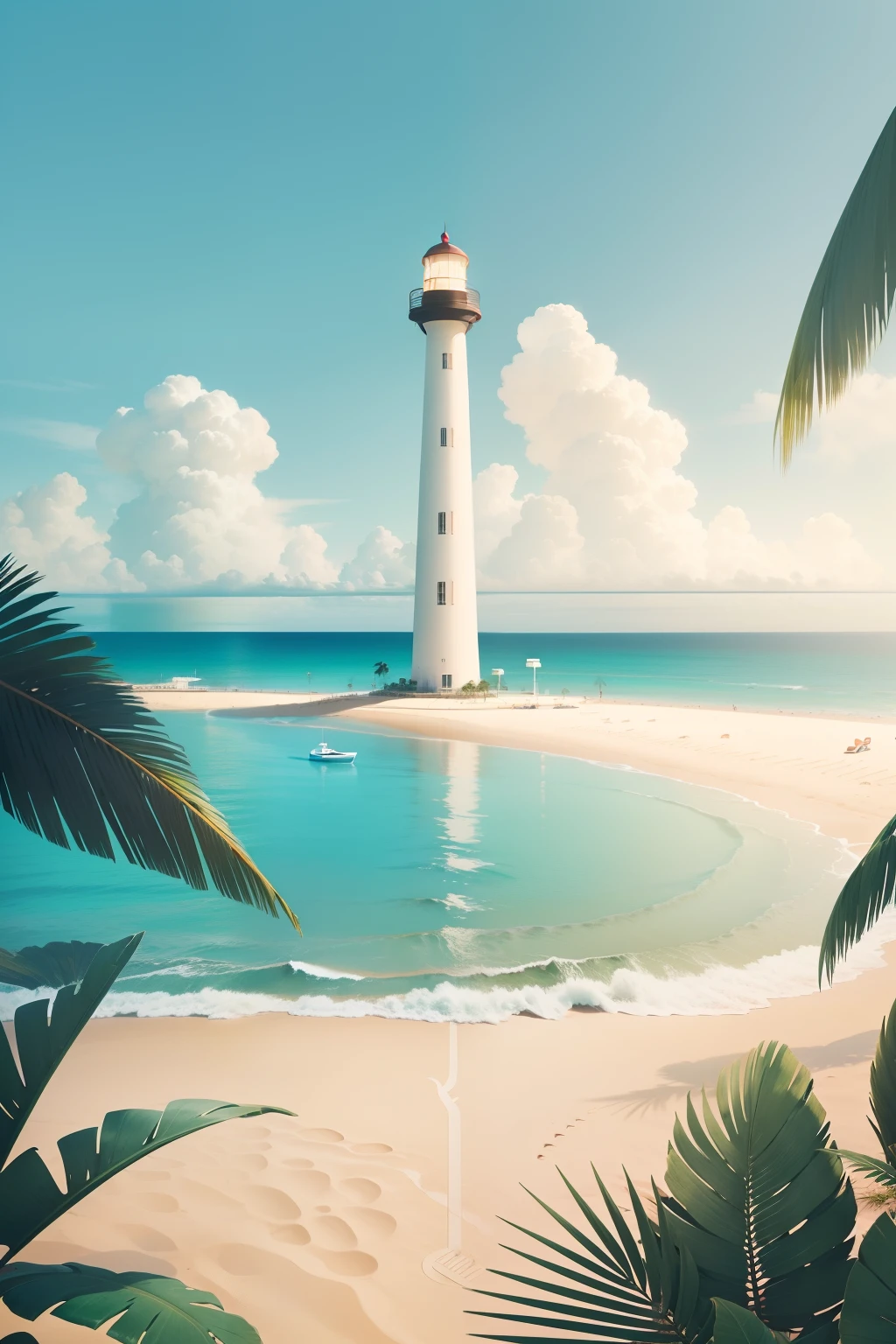 Photos of T-shaped palm trees and F-shaped lighthouse beaches, 2d illustration, 2d illustration, Flat Illustration, Logo without text, Seafront, SVG illustration, tropical island, Illustration Logo, The Beach (The Beach) (The Beach (The Beach)), Tropical climate, Tropical climate, Simple Infographics, A T-shaped palm tree next to the lighthouse