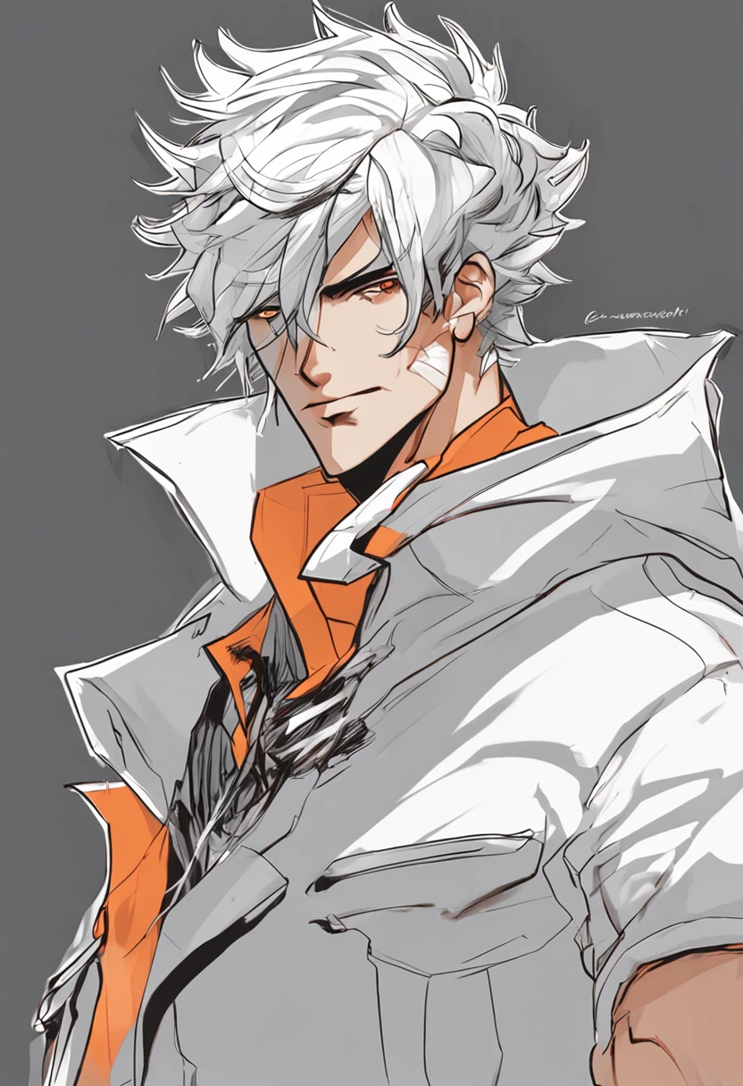 cabelo branco, olho laranja, humano, masculino, sobretudo preto, anime