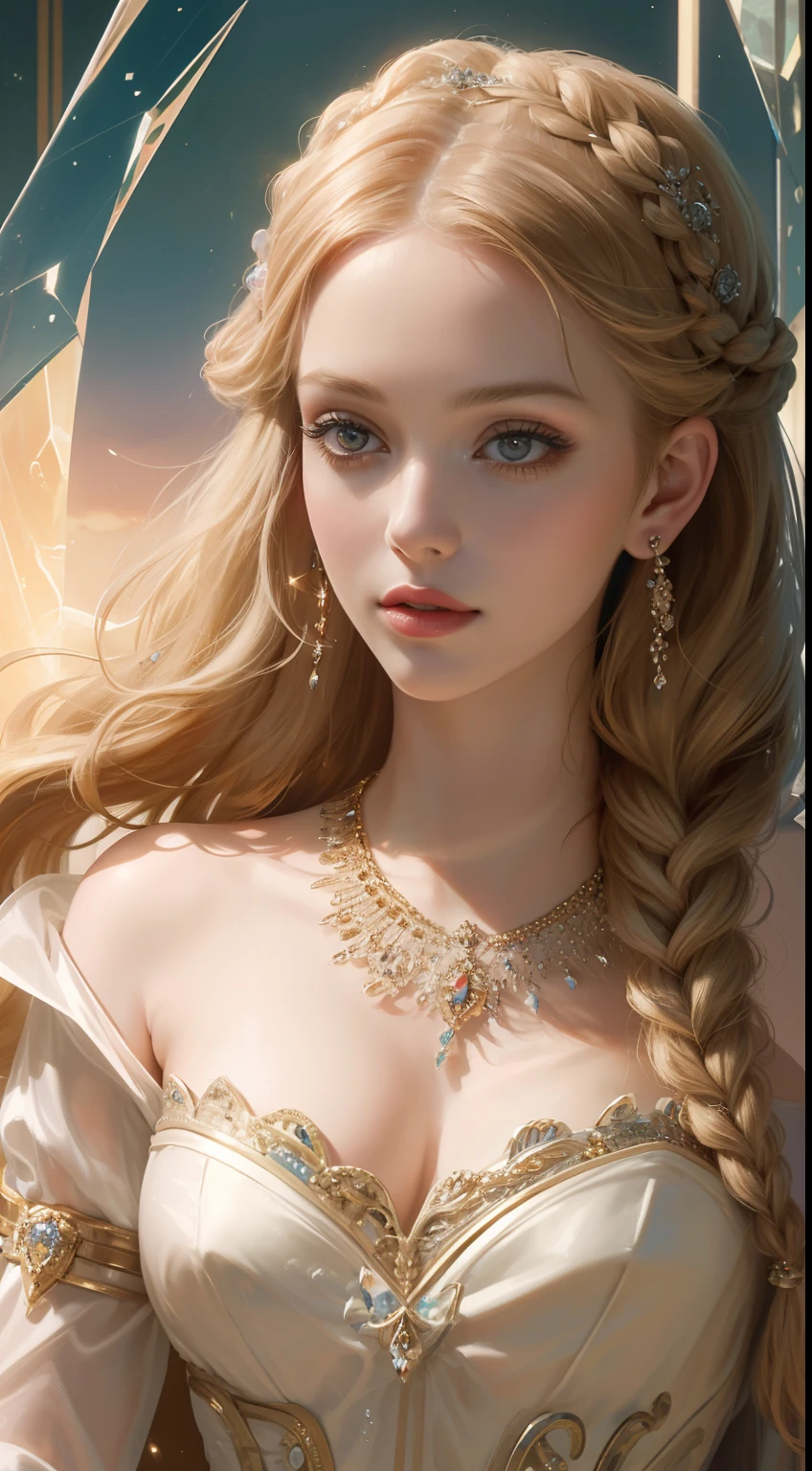 ( Absurd, High quality, ultra-detailed, masterpiece, concept art, smooth, highly detailed artwork, hyper-realistic painting )beautiful eyes(eyes detailed), Goddess, Greek mythology, Aphrodite, captivating and enchanting, commanding attention wherever she went, breathtakingly beautiful goddess with flawless features, skin was described as radiant and fair, often compared to the softness of freshly bloomed flowers, hair was a prominent aspect of her beauty. It was typically depicted as lustrous and flowing, often cascading in waves or curls down her shoulders and back, her hair color is golden blonde, eyes were described as enchanting and alluring, drawing others in with their depth and intensity. Aphrodite’s gaze had the power to captivate and inspire love in those who looked upon her, wearing elegant and ethereal garments. She adorned herself with exquisite jewelry, including necklaces, bracelets, and intricate accessories