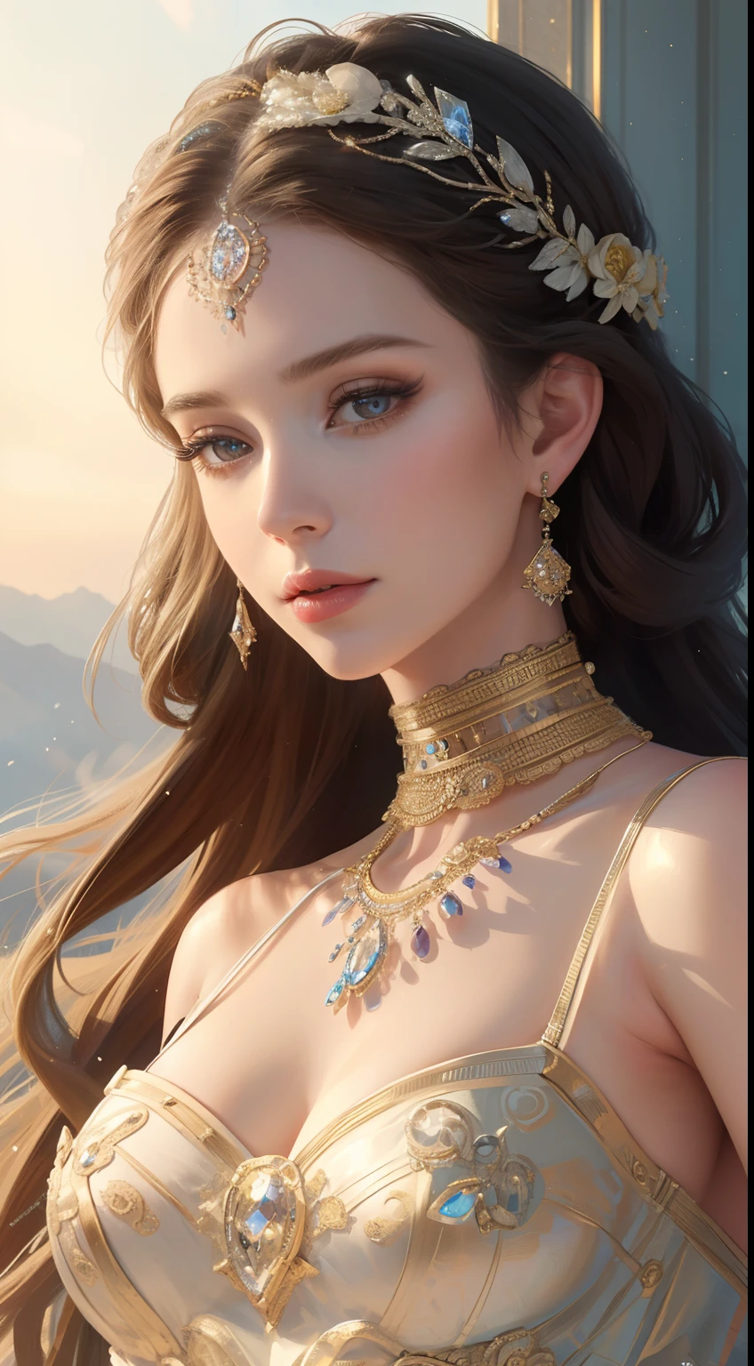 (Ultra-high quality masterpiece,Beautiful bust of an 18-year-old noble girl,Classical braids,The eyes are shiny and clear,Floral craftsmanship,Crystal jewelry,Ultra-fine details,Soft lighting)