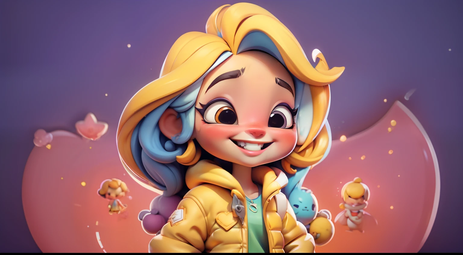 personagem 3D, menina radiante de alegria, com trajes coloridos e vibrantes, fundo estampado em tons de amarelo para combinar com sua cor preferida.