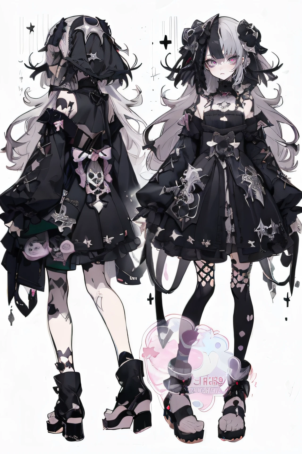 a close up of two anime characters wearing gothic clothing, witchcore clothes, anime full body illustration, 1 7 - - old me goth girl, outfit design, gloomy style, full body illustration, full body adoptable, pretty anime character design, gothic maiden anime girl, detailed full body concept, fullbody commission for