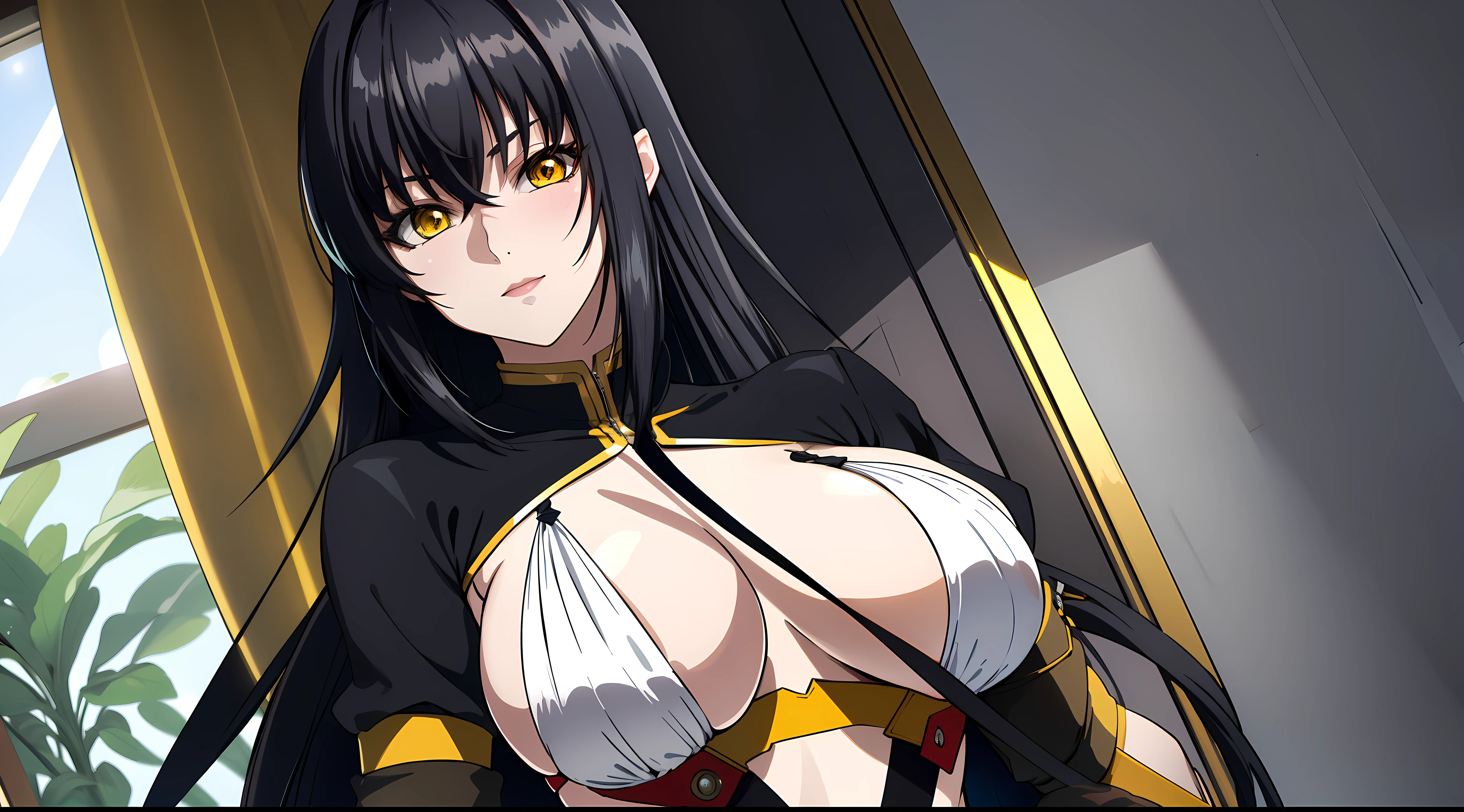 professional artwork, Intricate Details, field of view, sharp focus, detailed painting, photorealistic lighting, trending on pixiv,(masterpiece:1.0),(best_quality:1.0), ultra high res, ultra-detailed, photography, 8K, HDR, highres, absurdres:1.2, Kodak portra 400, film grain, sharp focus, bokeh:1.2, lens flare, (vibrant_color:1.2), (((indoors, dark night district))), Annerose, 1girl, female mature, ((long hair, only black hair:1.4)), (yellow eyes), large breasts, ((leotard)), soft skin, hair intakes, (solo:1.4), (upper body, half body shot), confident, energetic