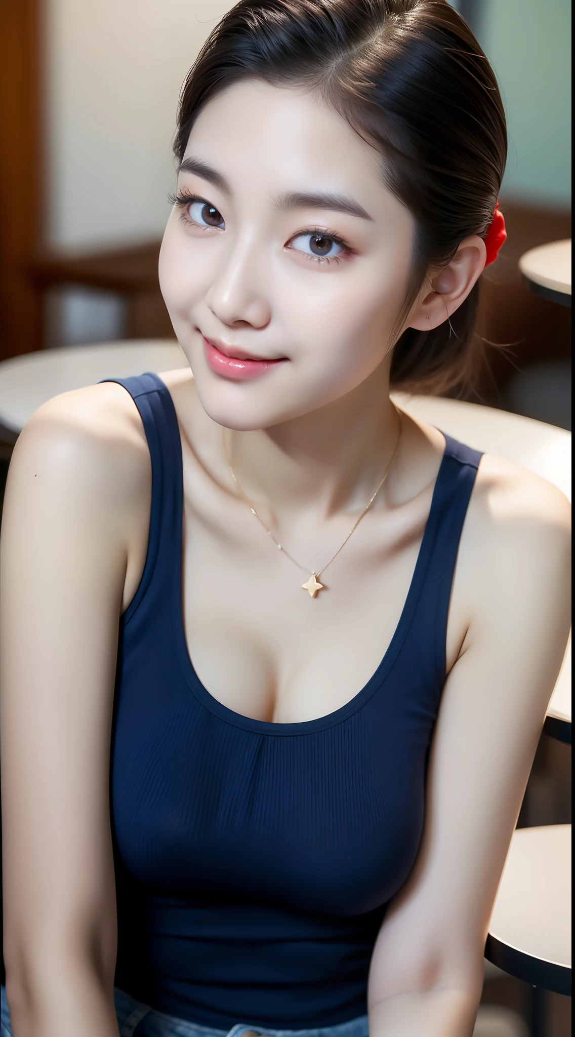 realistic photos of (1 cute Korean star) slicked hair back, white skin, thin makeup, 32 inch breasts size, slightly smile, wearing blue and red tank top, shorts, sitting in the cafe, with crowded, close-up, 16K