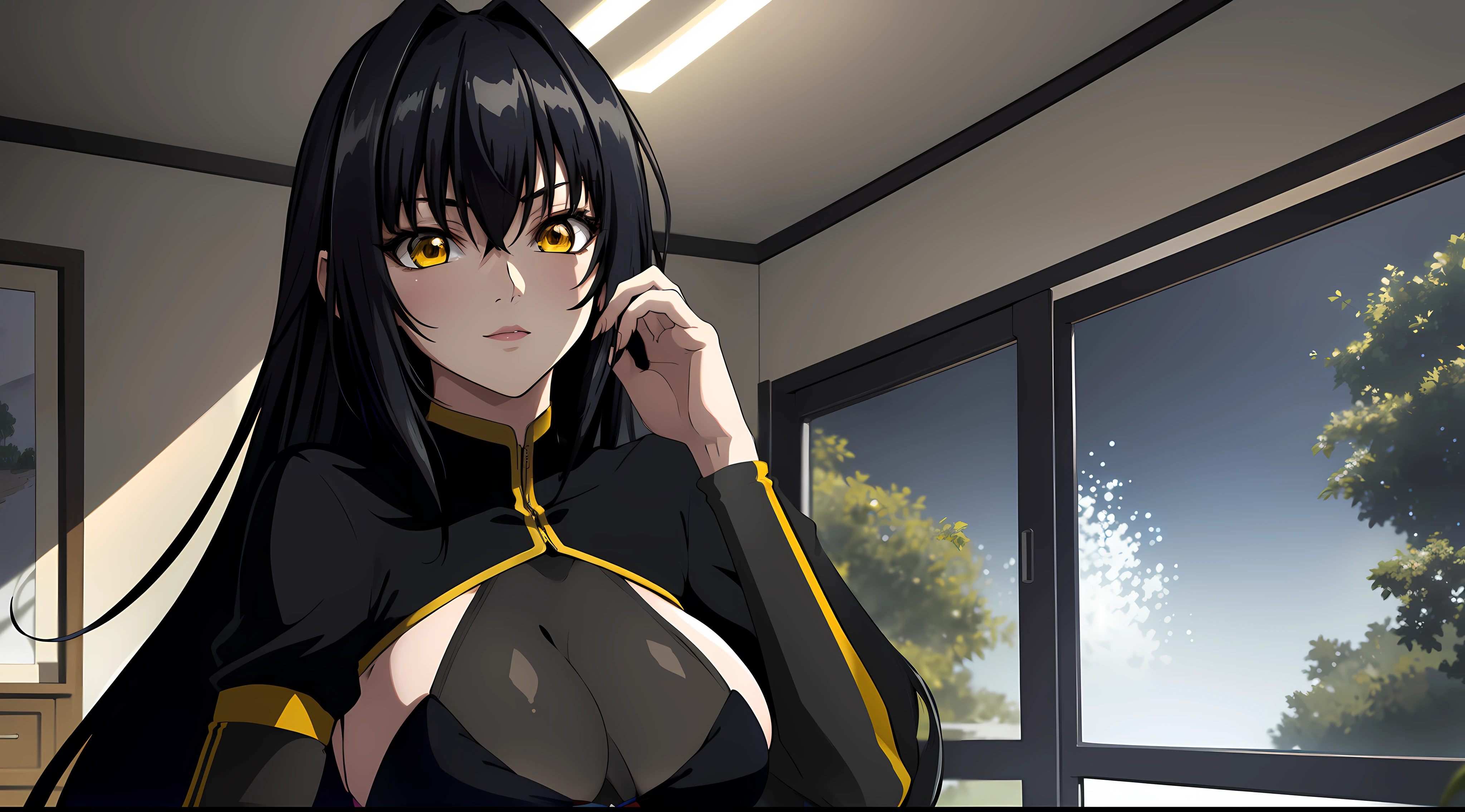 professional artwork, Intricate Details, field of view, sharp focus, detailed painting, photorealistic lighting, trending on pixiv,(masterpiece:1.0),(best_quality:1.0), ultra high res, ultra-detailed, photography, 8K, HDR, highres, absurdres:1.2, Kodak portra 400, film grain, sharp focus, bokeh:1.2, lens flare, (vibrant_color:1.2), (((indoors, dark night district))), Annerose, 1girl, female mature, ((long hair, only black hair:1.4)), (yellow eyes), large breasts, ((leotard)), soft skin, hair intakes, (solo:1.4), (upper body, half body shot), confident, energetic
