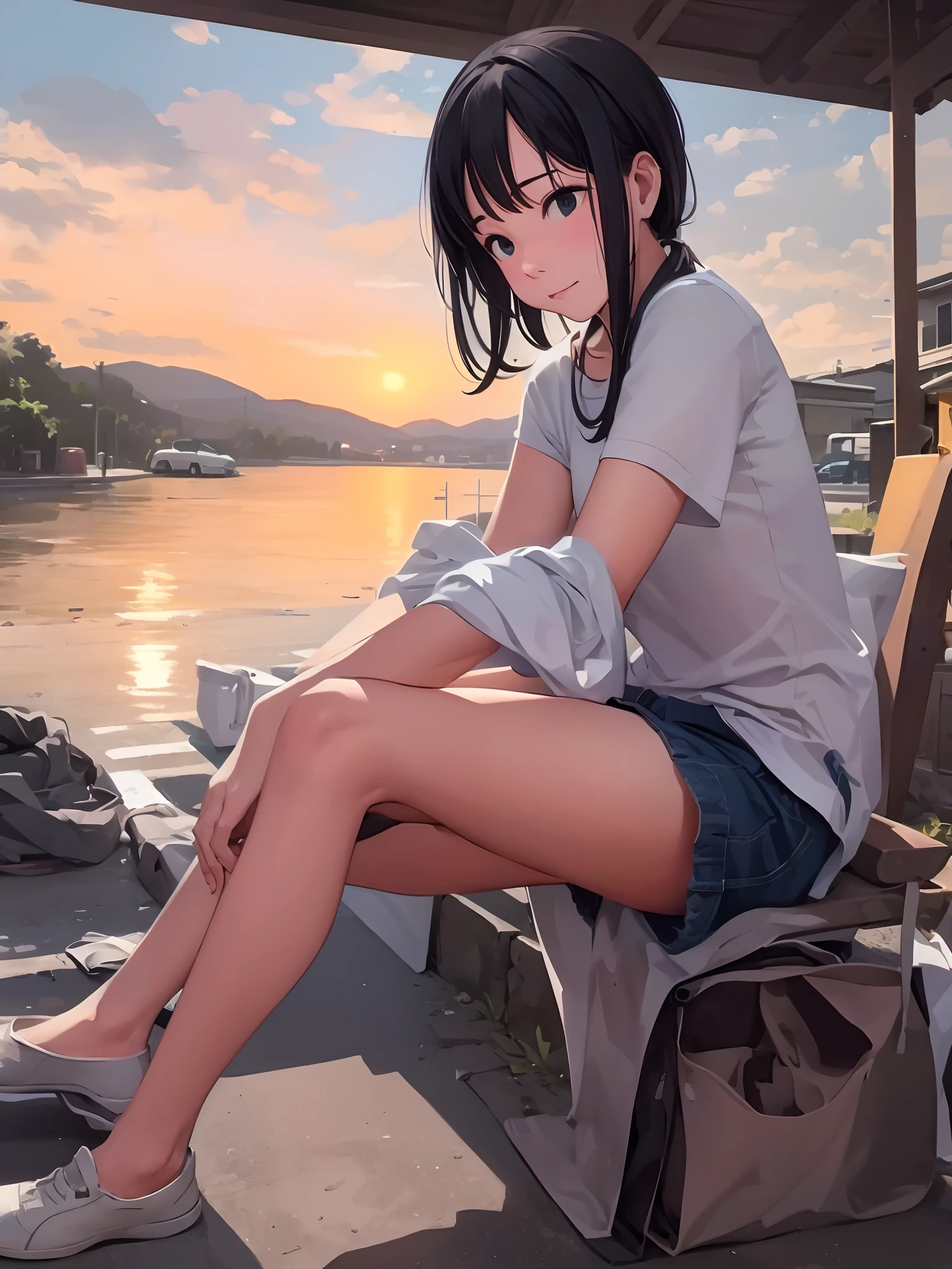 ultra-detailliert, hight resolution, (Realistic, Photorealistic: 1.4), 8K, Raw photo, (masutepiece), (Best Quality), physically-based renderingt, Female college student, long brown hair, Korea, Beach, Unbuttoning socks and looking at them_white_Shirt