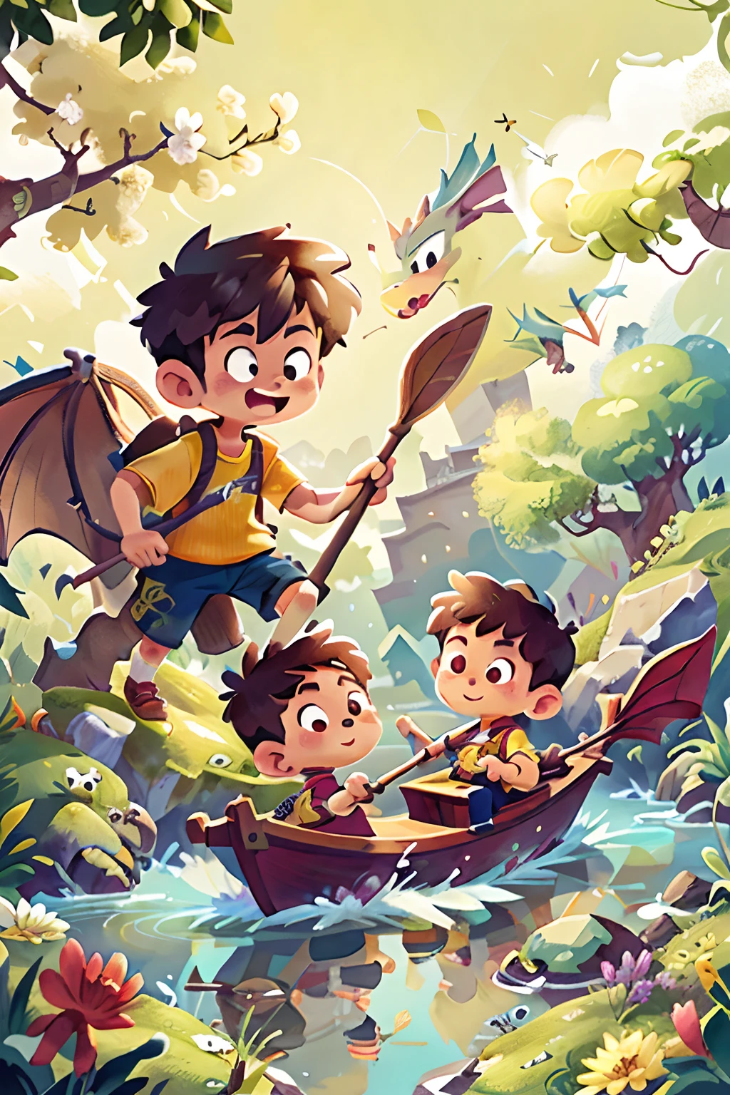 There is a dragon boat on the water, cute little zongzi a little girl and a little boy ride the captain to eat zongzi
, zongzi, Chinese clothing, sky, birds, clouds, many zongzi underground
Book illustrations, cute and
Dreamy, light orange and white, eco-friendly
Portraiture, dreamlike realism, printed by Holotone.
Emerald and amber,