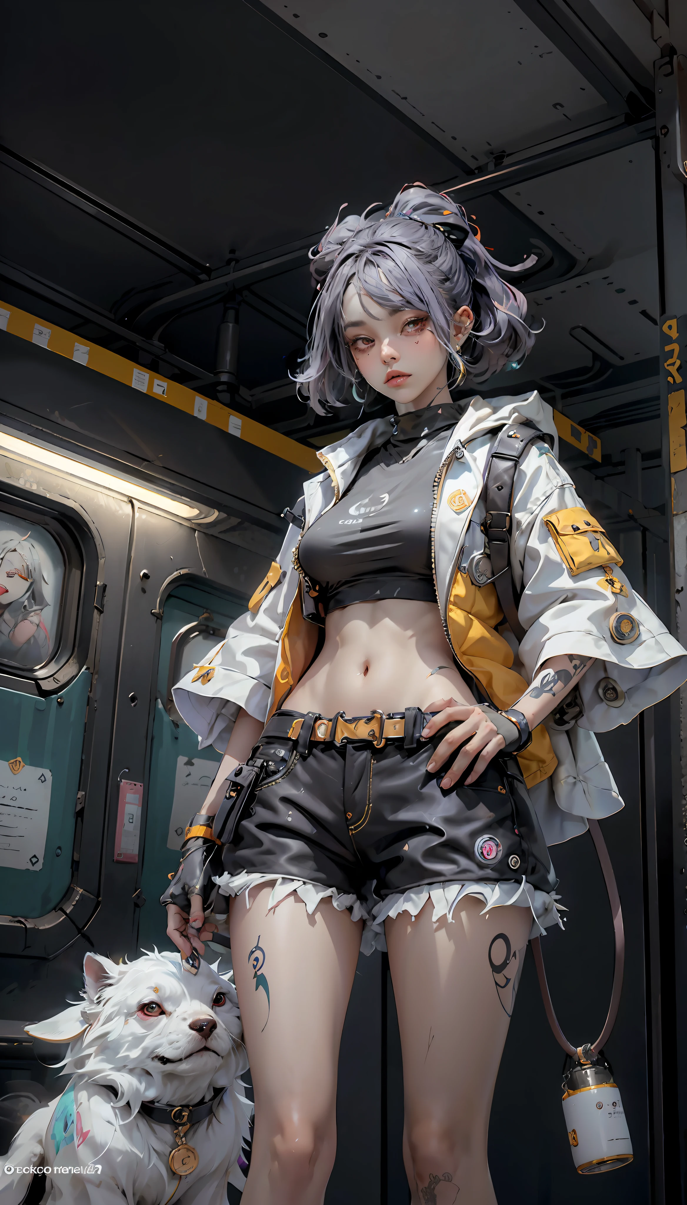 a foreboding scene, maiden with an open kimono and a old stretched white tshirt underneath, she has bioluminescent purple tattoos on her skin, bangs, black shorts, holding a flask with a magical nebula trapped inside, c, standing in a subway car, alchemy gadgets hanging from belt, cyberpunk, dystopian, blade runner`