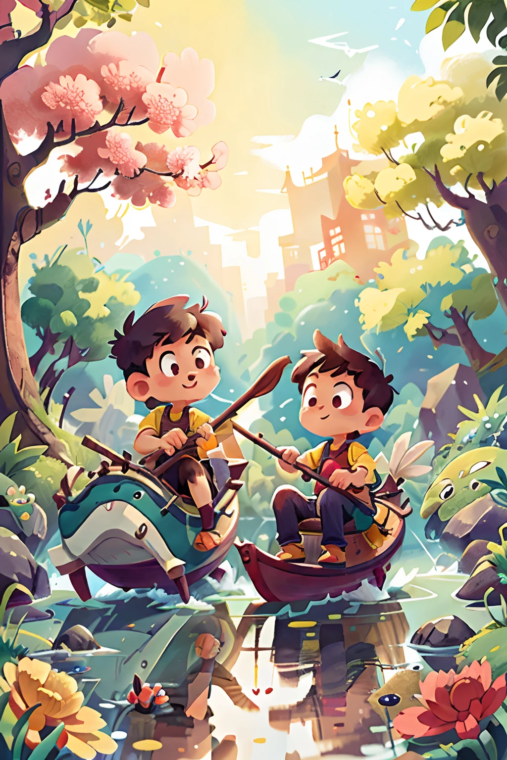 Poster design, (SFW), two rowing boys, Chinese dragon, spring outing, happy, background is a small river interspersed in Chinese street, perfect quality, clear focus, colorful, perfect face, intricate details, ultra-low viewing angle, wide angle lens