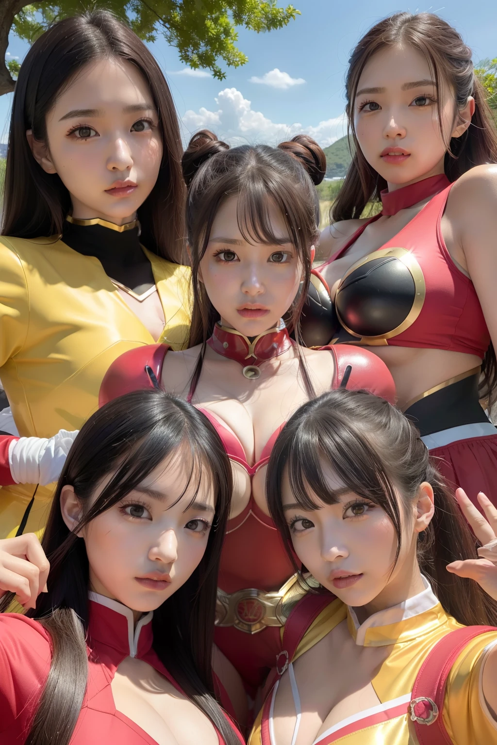 Outrageous resolution、hight resolution、(masterpiece:1.4)、ultra-detailliert、Crisp details、Dramatic and photorealistic pictorial art、Super Sentai Series、Megaranger、Hero Mask、(reddish、verdant、A black、amarelo、pink there、Fivesome)Righteous heroes、Decide on a transformation pose、