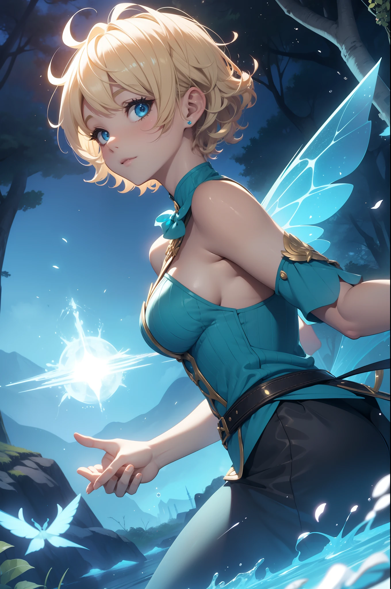 female pixie, burley, short blond hair, curly hair, god eyes, forest, large bright blue wings, pixie dust, floating