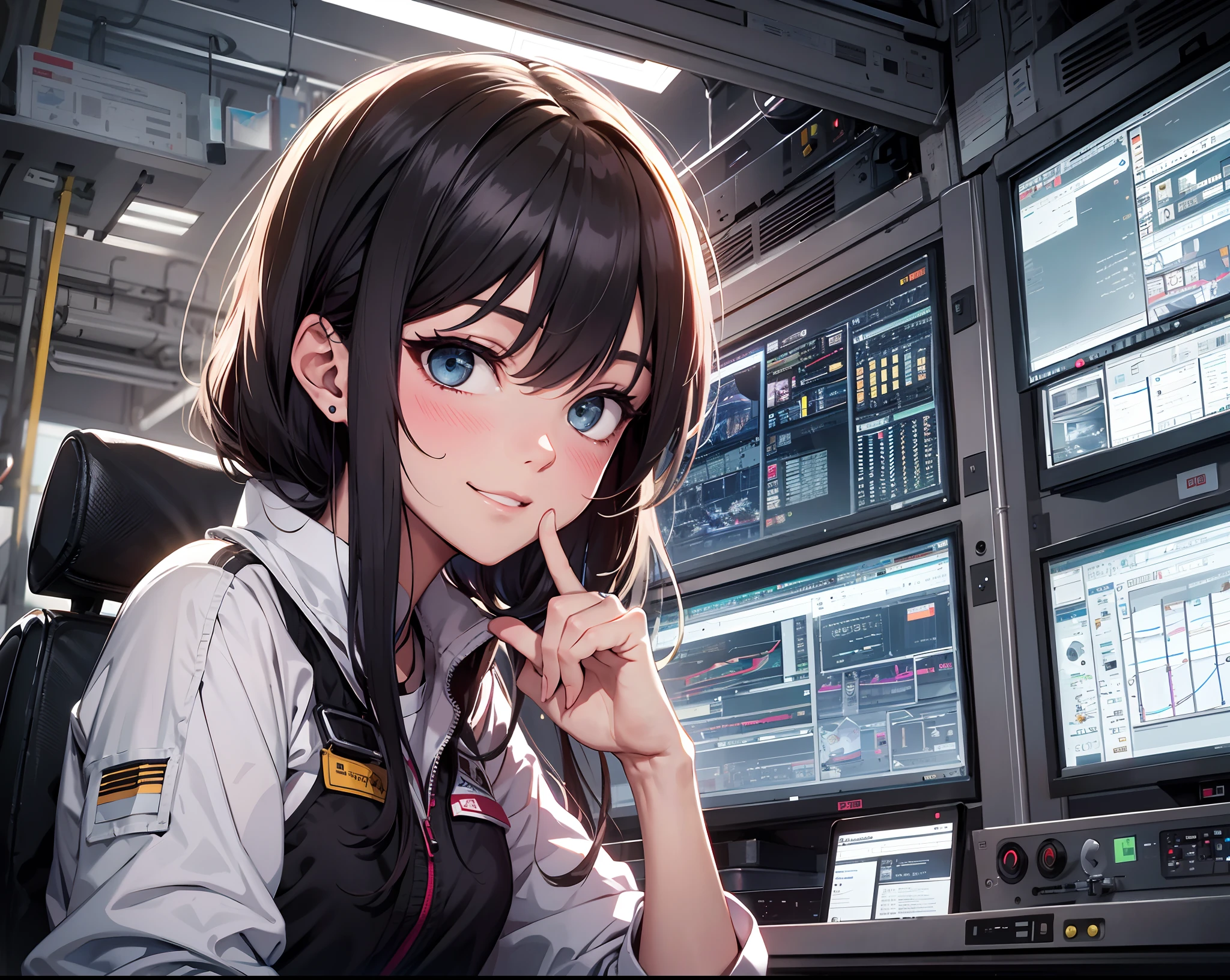Absurd resolution, High resolution, (masutepiece: 1.4), Hyper-detailing, Young dark-haired woman dressed as a technician, blushing、excited expressions, Sitting in a very narrow and closed mech control room