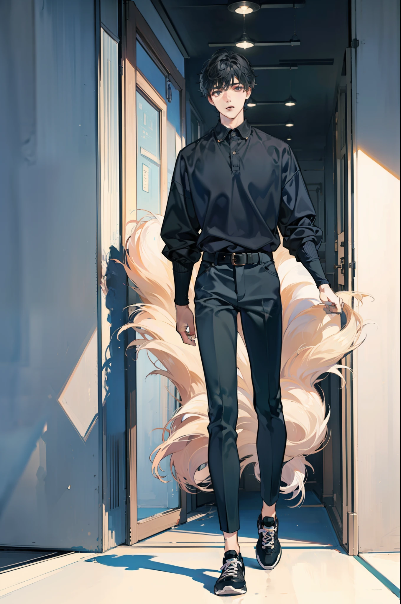((three sided view,full body,simple background,multiple views,highres)), masterpiece, best quality,8k, perfect face, expressive eyes, 1boy, modern, attractive, sweater, collared undershirt, pants, belt, sneakers, short hair, sweet, male focus, solo