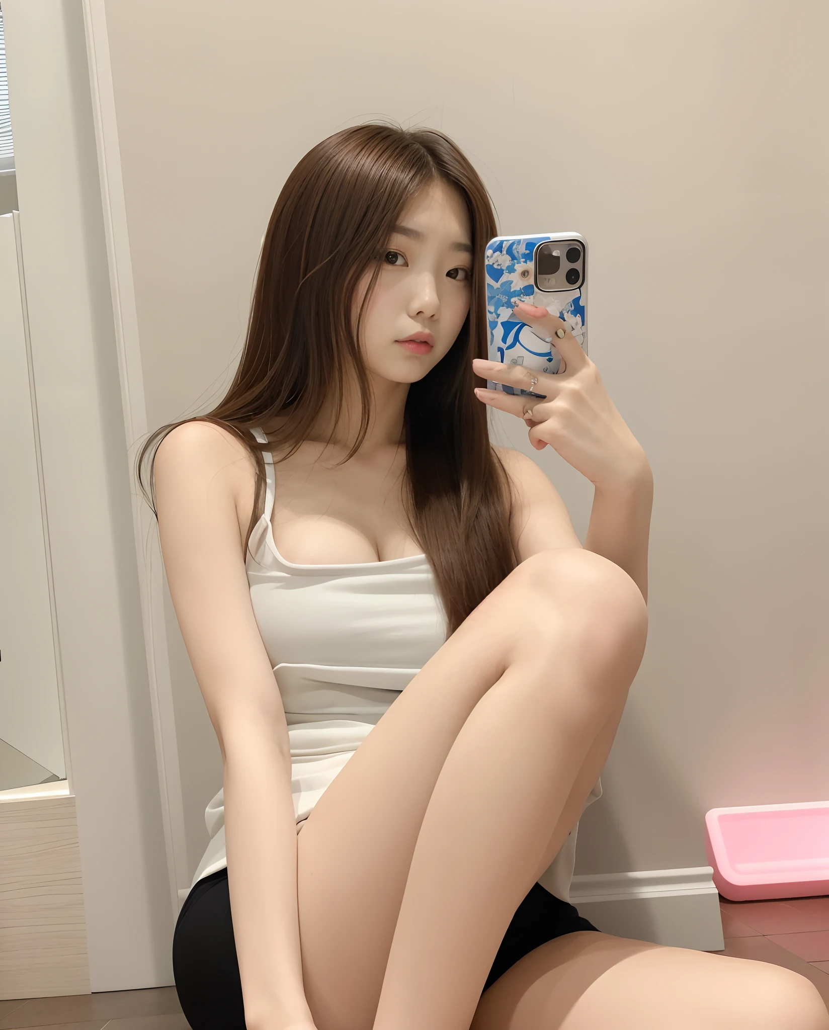 Araffe woman sitting on floor taking selfie with her mobile phone, beautiful Korean girl, korean girl, 8k selfie photograph, beautiful Korean girl, jaeyeon nam, beautiful south korean woman, heonhwa choe, ulzzang, ig model | artgerm, korean artist, taejune kim, lee ji-eun, ((enormous breasts)),