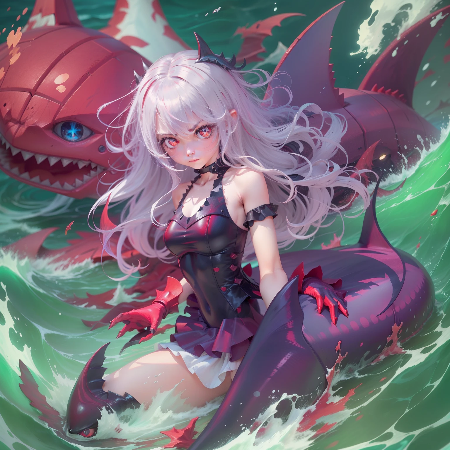 ((Beautiful girl fused with Anomalocaris. Female Solo. Two thick tentacles with joints sprout from her)). She has sharp fins. Her body is wrapped in a hard shell. Big ball-like eyes on her head. sharp claws. tail wrapped in a shell,,. fins on the tip of the tail,,. Big sheep horns.