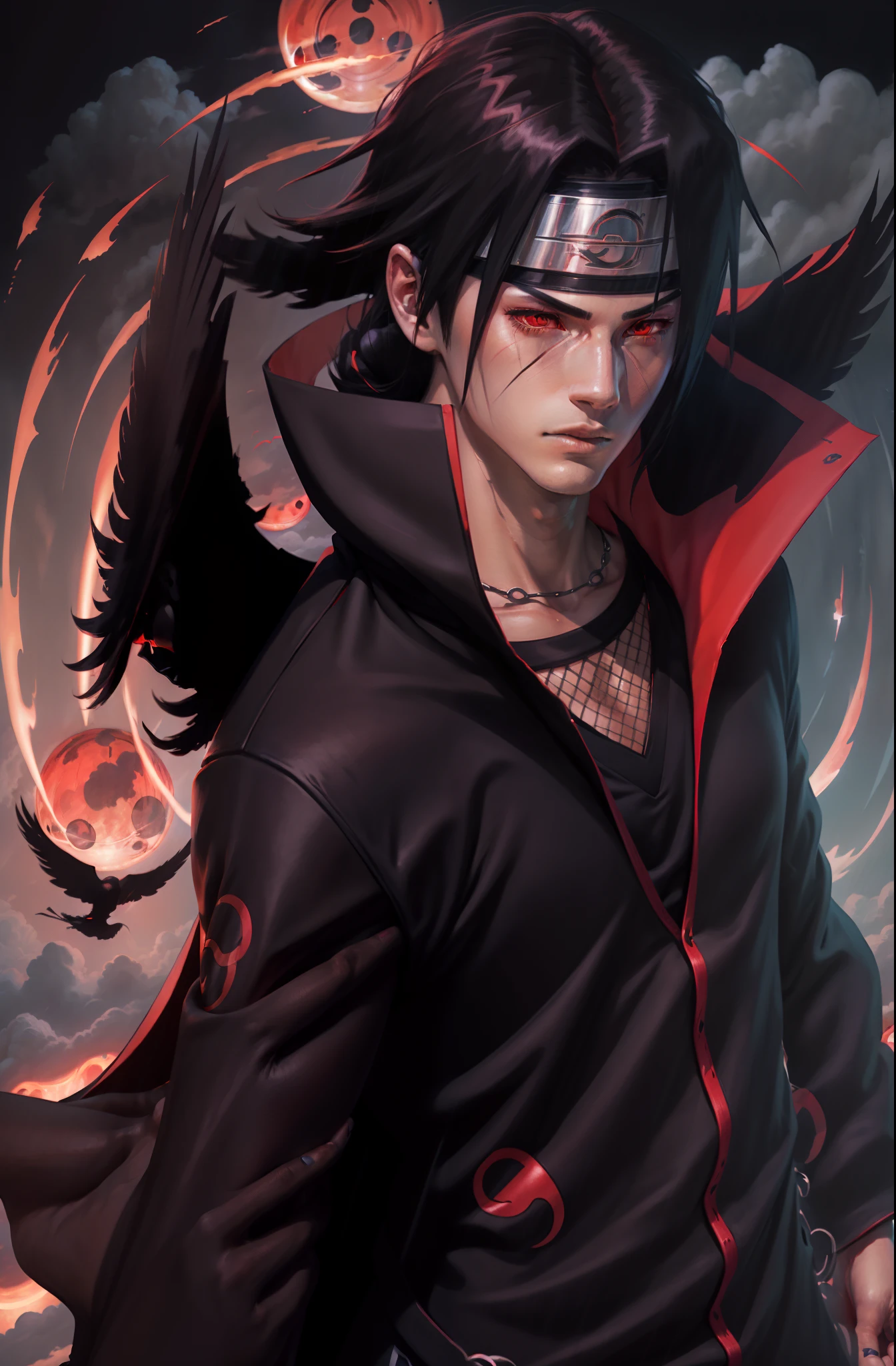 a young man covered in black cape with akatsuki cloud, itachi uchiha, itachi, akatsuki akira, itatchi uchiha from naruto, epic digital art illustration, shinobi, naruto artstyle, red moon in the background, red theme, long hair, crows surrounding him, no headband, no forehead protector