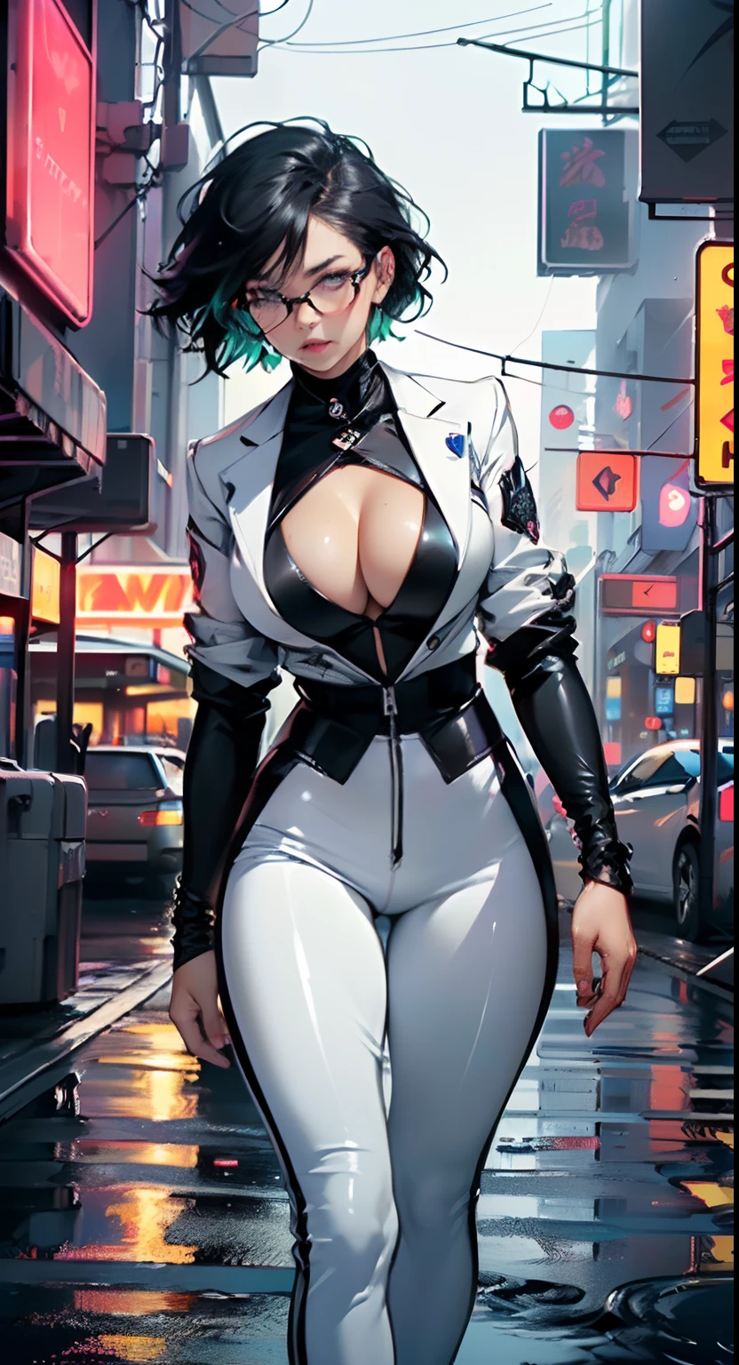 cute girl,(((1girl))),((girl with extremely cute and beautiful black hair)),
(Large breasts:1.4),(((black hair:1.35,colored inner hair,ear breathing,large hair,tomboy haircut))),((green eyes,perfect eyes,upturned eyes:1.3,beautiful detailed eyes,finely detailed beautiful eyes:1,big highlight on eyes:1.2,slanted eyes)),((fat)),((lustrous skin:1.5,bright skin: 1.5,skin tanned,shiny skin,very shiny skin,shiny body,plastic glitter skin,exaggerated shiny skin,illuminated skin,wet legs))),(spider lower abdomen,narrow waist,wide hip,athletic body,inflated legs,delicate detailed fingers,detailed body,human hands,(detailed face)),
cute,slutty,seductive,erotic,(((nsfw))),
((((glasses)))),(((wearing white formal blazer,black formal pants,))),(((huge cleavage))),((wet clothes,detailed outfit,detailed clothes)),
(dynamic pose:1.0),solo focus,embarrassed,(centered,scale to fit dimensions,Rule of thirds),
((((cyberpunk city by the ocean,huge buildings,neon signs,puddles)))),stormy sky,threatening sky,dark clouds,((synthwave background theme,detailed background : 1.25)),((((night,nice lighting decorations,detailed architecture)))),
(best quality,high resolution,sharp focus,ultra detailed,extremely detailed,extremely high quality artwork,(realistic,photorealistic:1.37),8k_wallpaper,(extremely detailed CG 8k),(very fine 8K CG),((hyper super ultra detailed perfect piece)),flawless,(((masterpiece))),illustration,vibrant colors,(intricate),High contrast,Selective lighting,Double exposure,HDR (High Dynamic Range),Post-processing,Background blur,colors,(intricate),High contrast,Selective lighting,Double exposure,HDR (High Dynamic Range),Post-processing,Background blur,