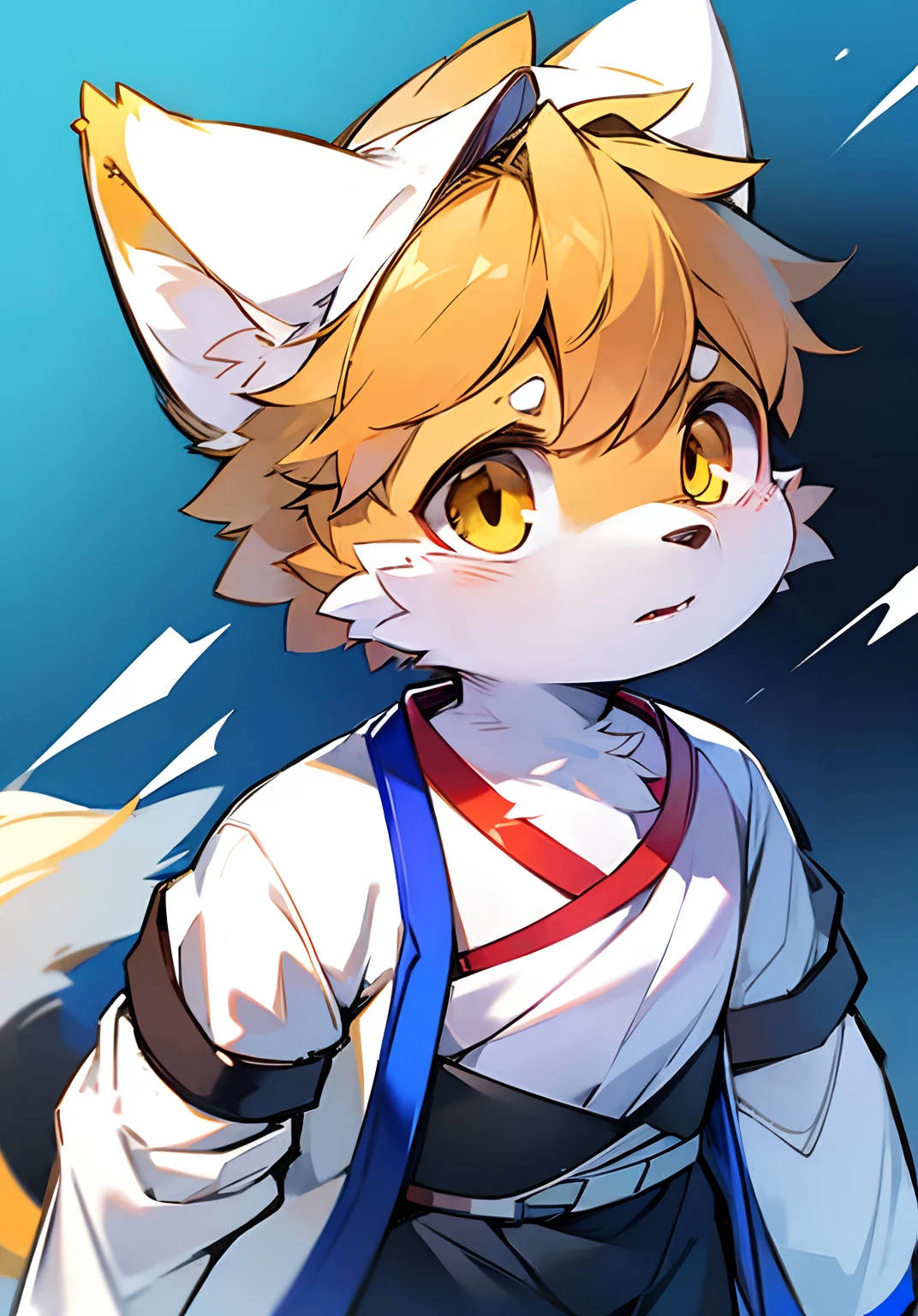 epcot，Mechanical wind，full bodyesbian,Young Wolf,人物,tmasterpiece,Furry tail,Highest image quality,8K,Full HD background，Cartoony，adolable，doctor outfit，Manteau blanc，komono，male people，a plush，Furry，White fur，White body，White ears，Orange-yellow eyes，solo person, Wolf tail, Wolf ears, ((half-body portrait)),Soft lines，Soft lines of clothing