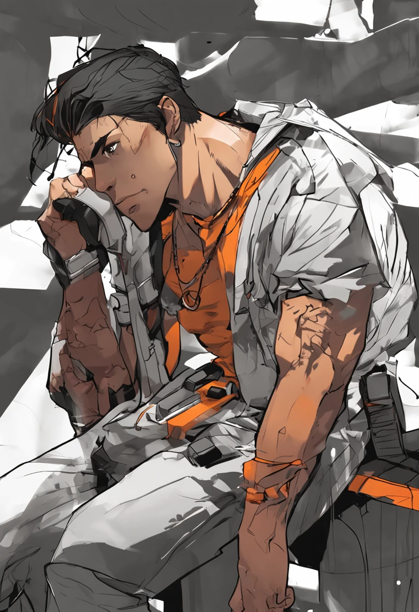 cabelo branco, olho laranja, humano, masculino, sobretudo preto, anime, pele escura --auto --s2