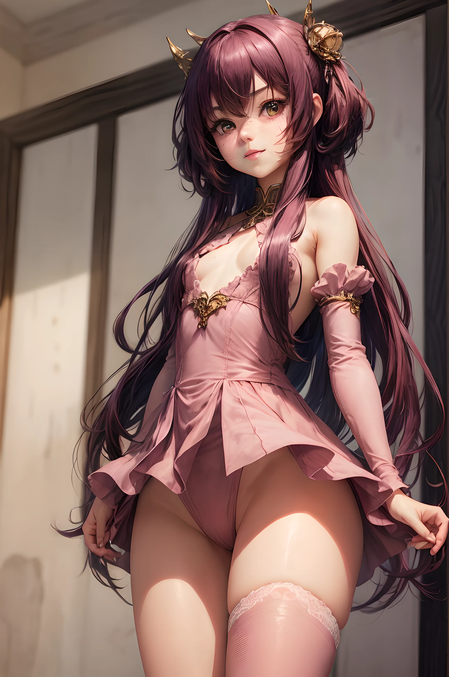 Anime girl standing and looking at the camera, Breasts are small, Small breasts are visible, Sexy, ssmile, beatiful face, Appearance of the model, blusher, Day, looking a viewer, Narrow waist, (tmasterpiece), ((Anime girl with long pink hair posing)), Looking Ahead, is looking at the camera, (((The girl stands in a sexy position))), black stockings, (small curvy loli), detailed digital anime art, beautiful anime girl, beautiful anime girl, Anime with small details, Best Quality, Masterpiece, Ultra-detailed, Beautiful, hight resolution, Original,CG 8K ультрареалистичный, perfect artwork, beatiful face, Face Clean, Skin, hyper realistic, Ultra Detailed, A detailed eye, dramatic  lighting, (Realistic) Realistic, Full HD, Best Quality, Best Quality, Beautiful lighting, (8k wallpaper of extremely detailed CG unit), High Details, sharp-focus, The art of dramatic and photorealistic painting,  Petite Girl, little chest, Magic, (SFW), soli, naked ass, Visible hypogastria, Tight-fitting stockings, Small breasts for show, mouth ajar, endearing smile, Beautiful hands,