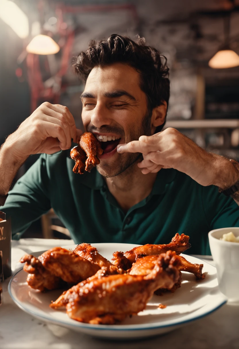 Man eating chicken wings while looking lovingly at a chicken