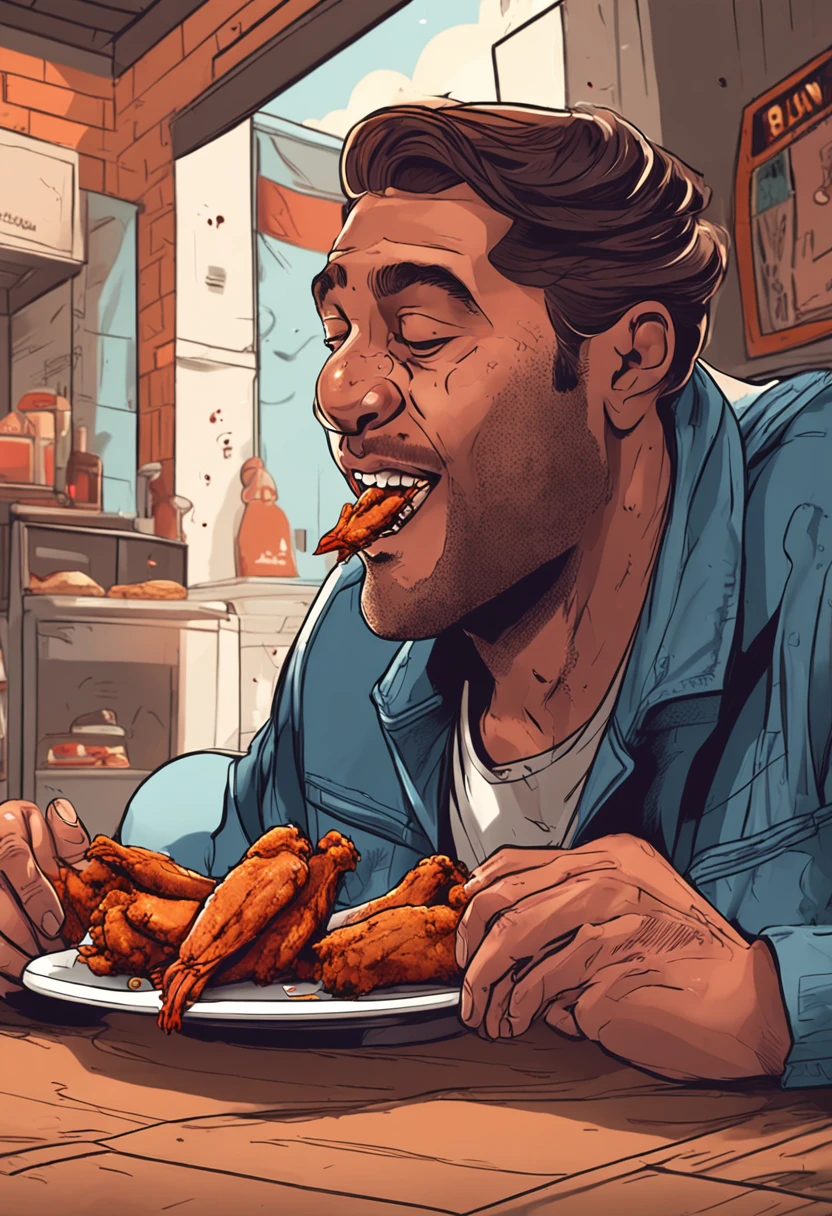 Man eating chicken wings while looking lovingly at a chicken