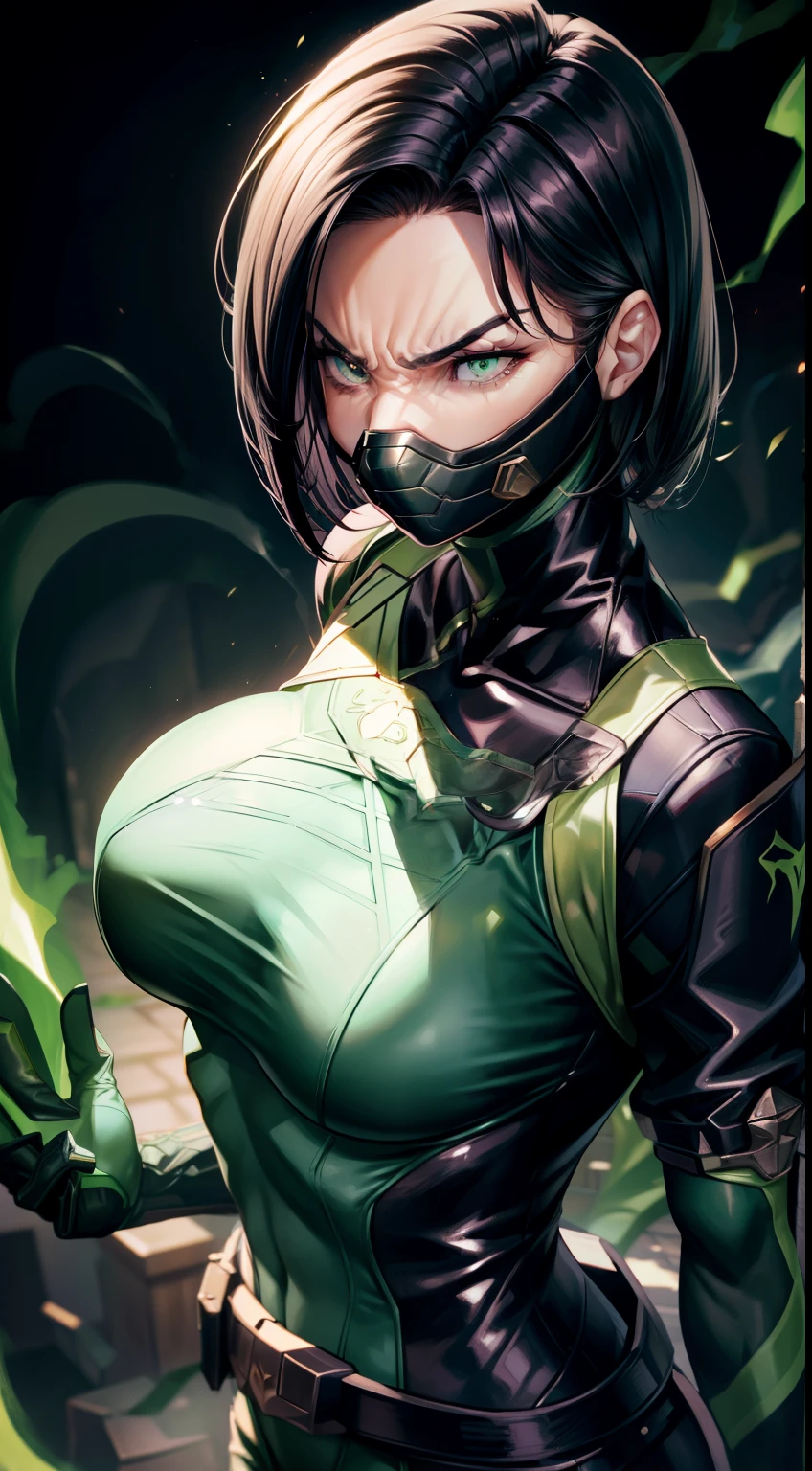 Masterpiece, Best quality, 《Fearless viper》, tightsuit, mitts, belt, thigh boots, respirator, view the viewer, face, Portrait, Close-up, Glowing eyes, green smoke, Black background,huge tit,Raised chest,Close-up of chest,chest focus,Woman in a swimsuit,angry look,Extremely erotic figure,Staring angrily at the screen