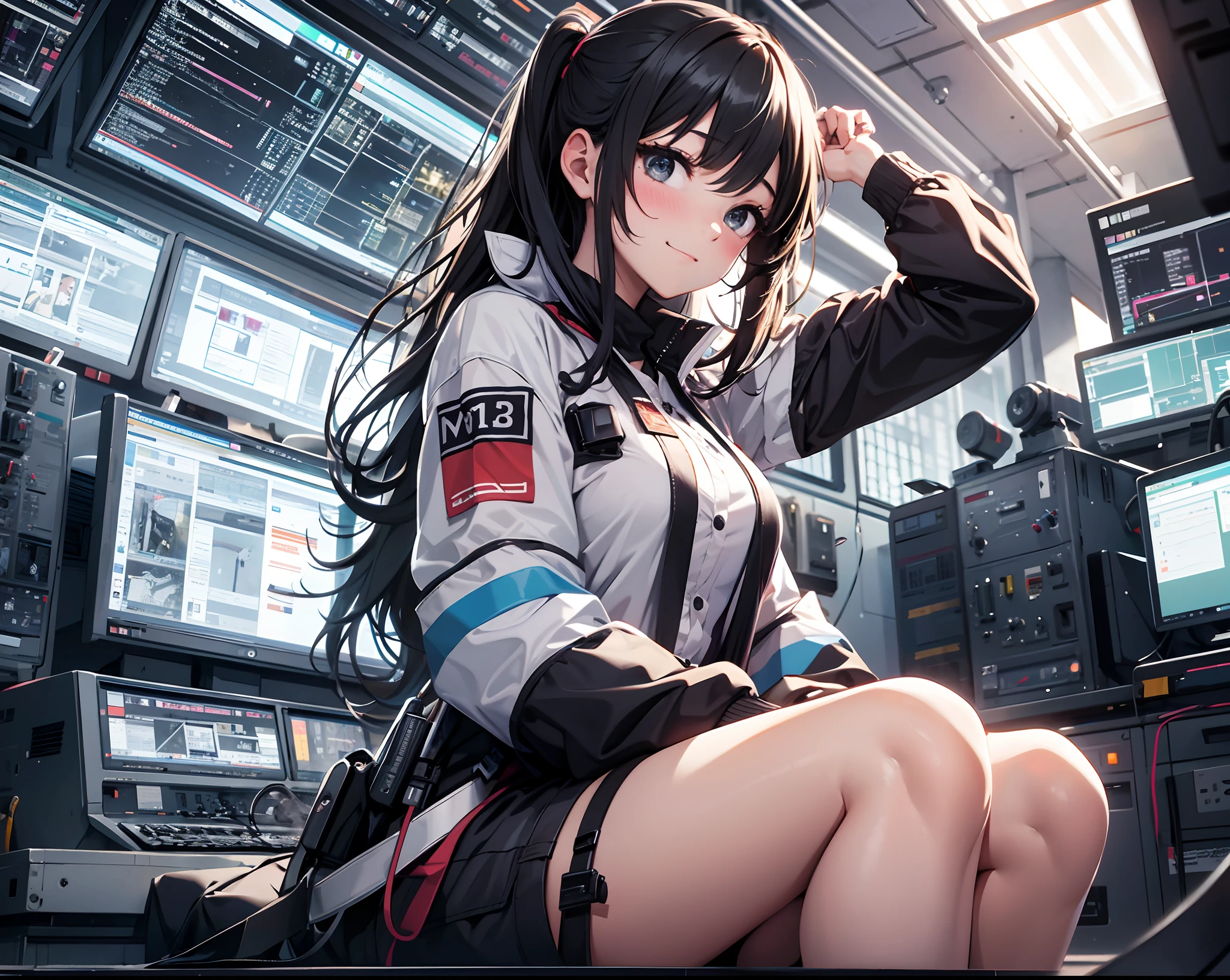 Absurd resolution, High resolution, (masutepiece: 1.4), Hyper-detailing, Young dark-haired woman dressed as a technician, blushing、excited expressions, Sitting in a very narrow and closed mech control room