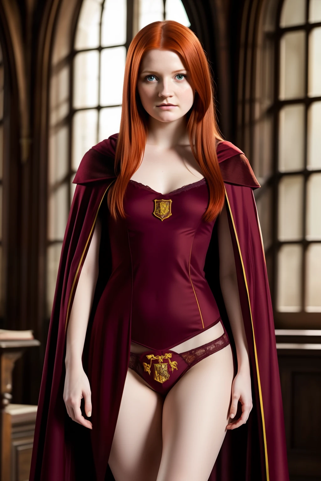 ginny weasley, Bonnie Wright, nude at hogwarts, open legs, pubic hair, perfert eyes, beautiful face,  Gryffindor, cape, gryffindor lingerie