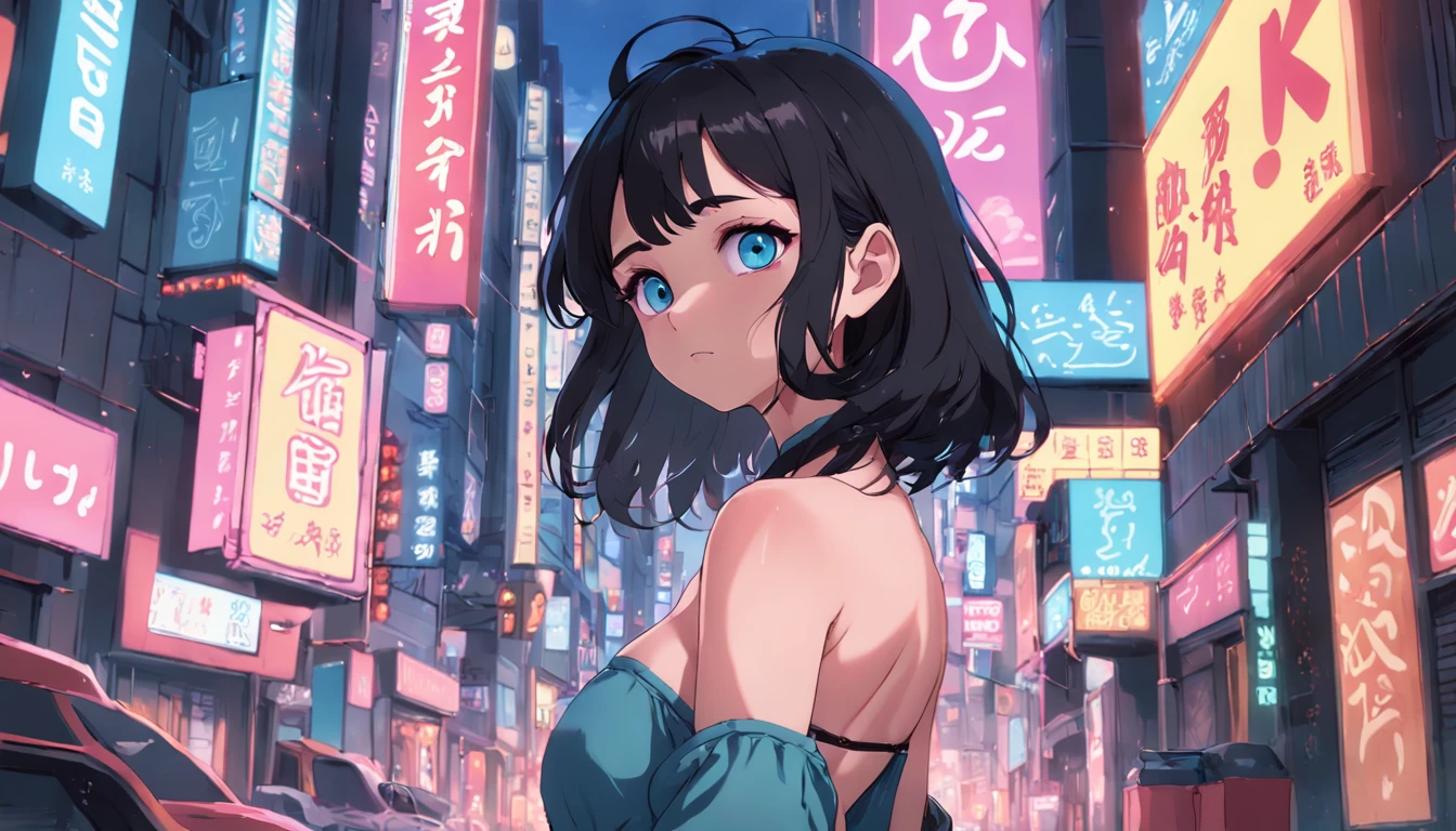 1girl, breasts, A dark-haired, off shoulders, large breasts, Animated scene of street with neon signs and buildings, standing, lofi hip hop, lofi artstyle, lofi art, chillhop, lofi, anime movie background, Anime Background, lofi aesthetic, Wit Studio Anime, lofi album art, Rophy Technology, lofi vibes, lofi feel, Lofivibe、(((masterpiece),(extremely detailed CG unity 8k wallpaper),best quality,,solo,1girl,cinematic lighting,detailed background,beautiful detailed eyes,bright pupils, (an extremely delicate and beautiful),(Beautiful and detailed eye description), ultra-detailed,masterpiece,)),