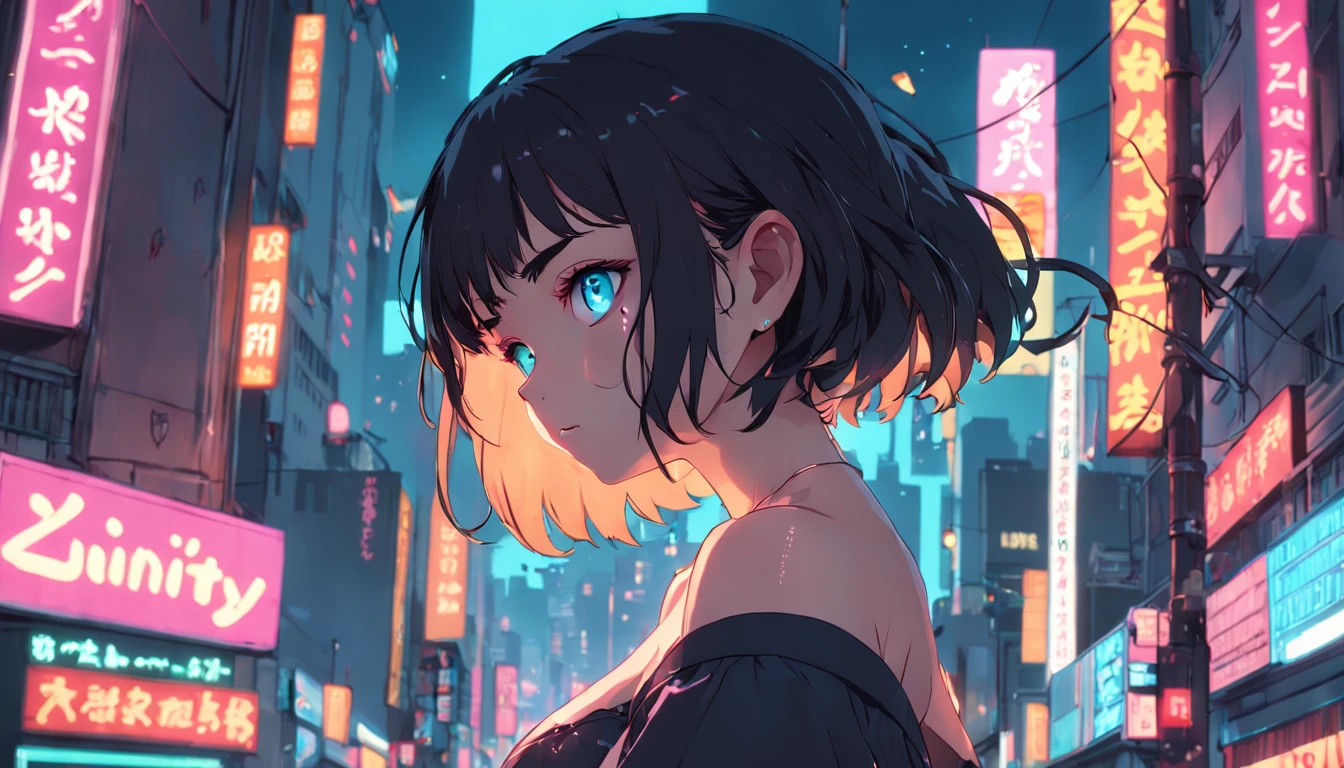 1girl, breasts, A dark-haired, off shoulders, large breasts, Animated scene of street with neon signs and buildings, standing, lofi hip hop, lofi artstyle, lofi art, chillhop, lofi, anime movie background, Anime Background, lofi aesthetic, Wit Studio Anime, lofi album art, Rophy Technology, lofi vibes, lofi feel, Lofivibe、(((masterpiece),(extremely detailed CG unity 8k wallpaper),best quality,,solo,1girl,cinematic lighting,detailed background,beautiful detailed eyes,bright pupils, (an extremely delicate and beautiful),(Beautiful and detailed eye description), ultra-detailed,masterpiece,)),
