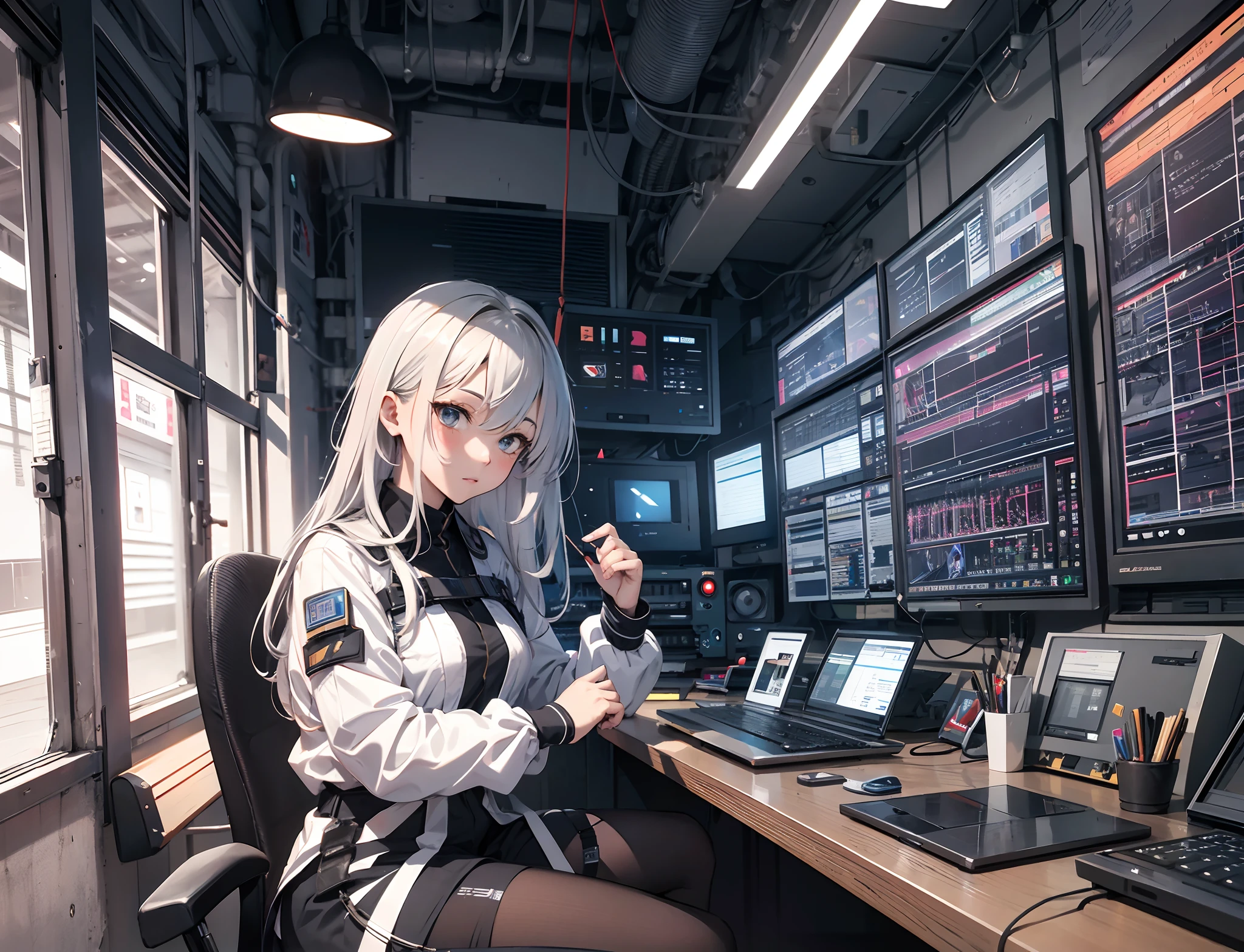 Absurd resolution, High resolution, (masutepiece: 1.4), Hyper-detailing, Young silver-haired woman dressed as technician, Blushing、Anxious look, neons、Sitting in a very narrow and closed mech control room