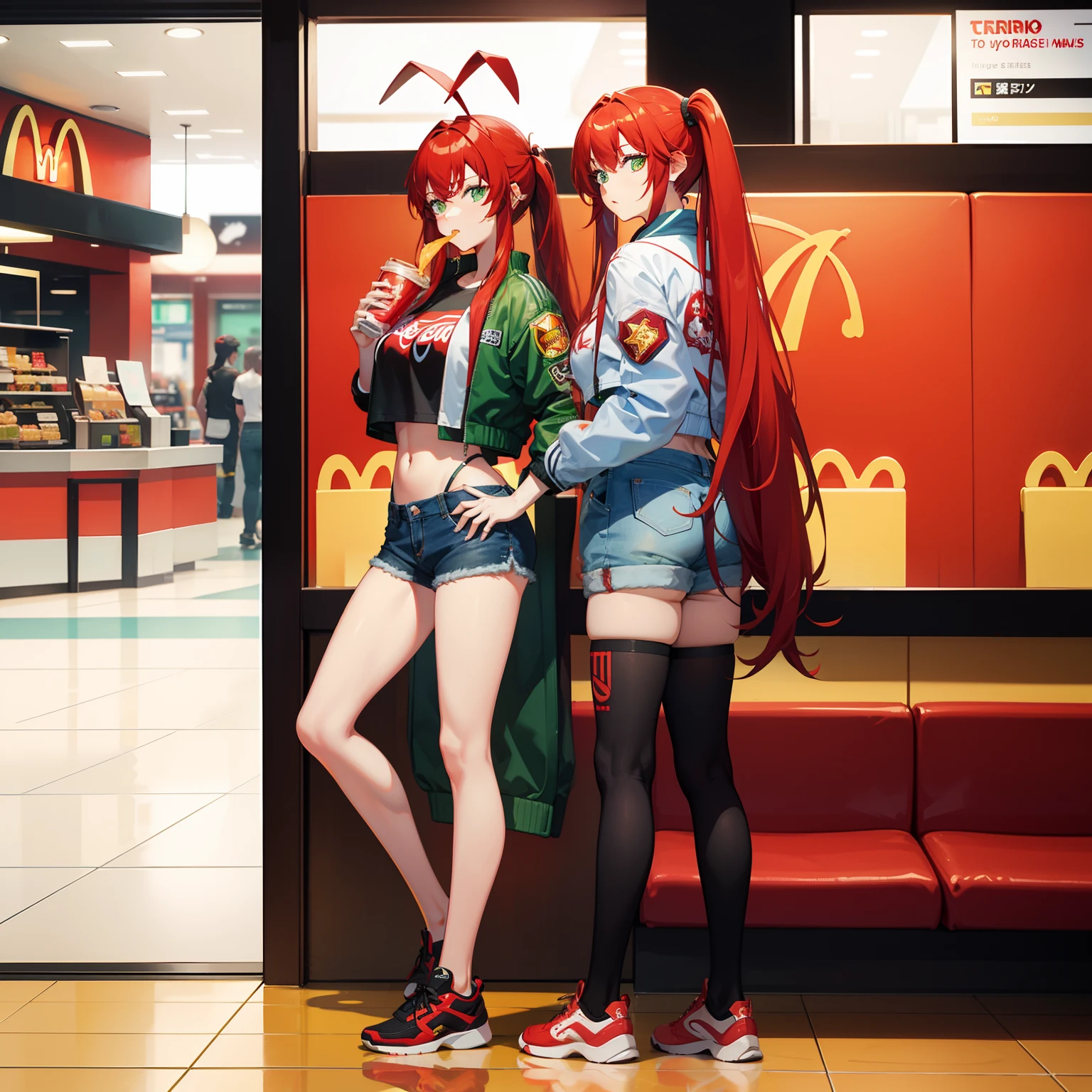 Full body shot, female asian Irina Shidou red hair twintails green eyes, in a McDonald's restaurant, wearing a bomber jacket and crop top and denim shorts, eating a cheeseburger and drinking a Coca-Cola, side shot, back shot, shot from backside, behind shot, masterpiece, highly detailed