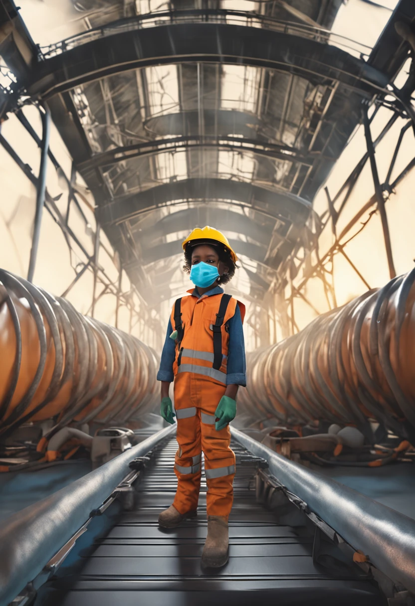 a black child dressed in PPE (capacete, corda, WMASK, eyeglass, Work safety clothing to enter the grain silo), The setting has silos and grain dryer, hq anime, 4k, realistic