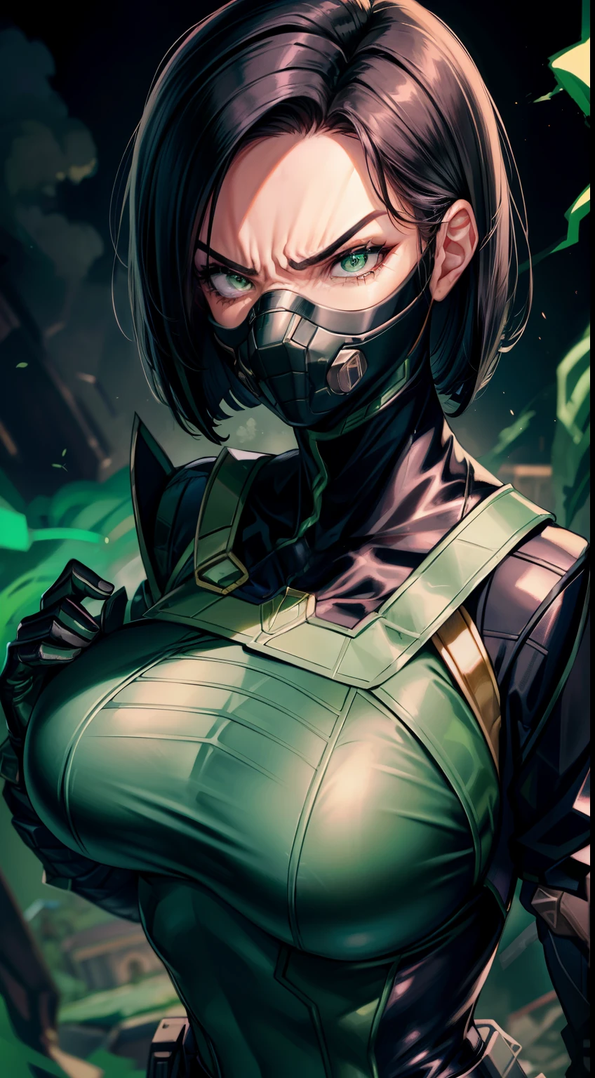 Masterpiece, Best quality, 《Fearless viper》, tightsuit, mitts, belt, thigh boots, respirator, view the viewer, face, Portrait, Close-up, Glowing eyes, green smoke, Black background,huge tit，Raised chest，Close-up of chest，chest focus，Woman in a swimsuit，angry look，Extremely erotic figure，Staring angrily at the screen，Facing the screen