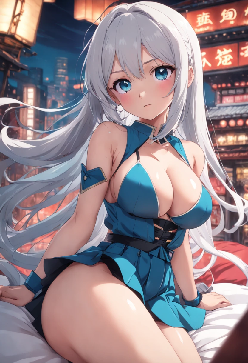 Lori huge breasts cleavage，Lie in bed，Lift the skirt，White fat times，Big chest，Big eyes，short  skirt，Long hair，dual horsetail，White diao'dai，Leaking 