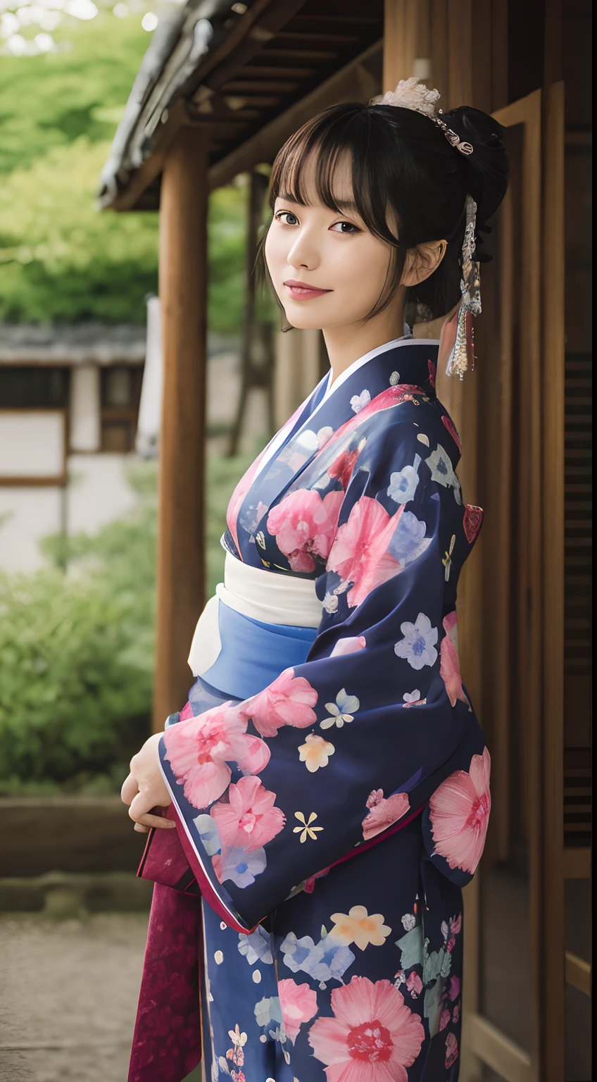 ​masterpiece、8K、32K、top-quality、nffsw、A cute Japanese woman、detail portrayal、1 girl in、elegent、28 year old、Buttocks、(Semi-undressed kimono:1.1)、kyoto、outside of house、cowboy  shot、Back Angle、(all-fours:1.7)、Smile
